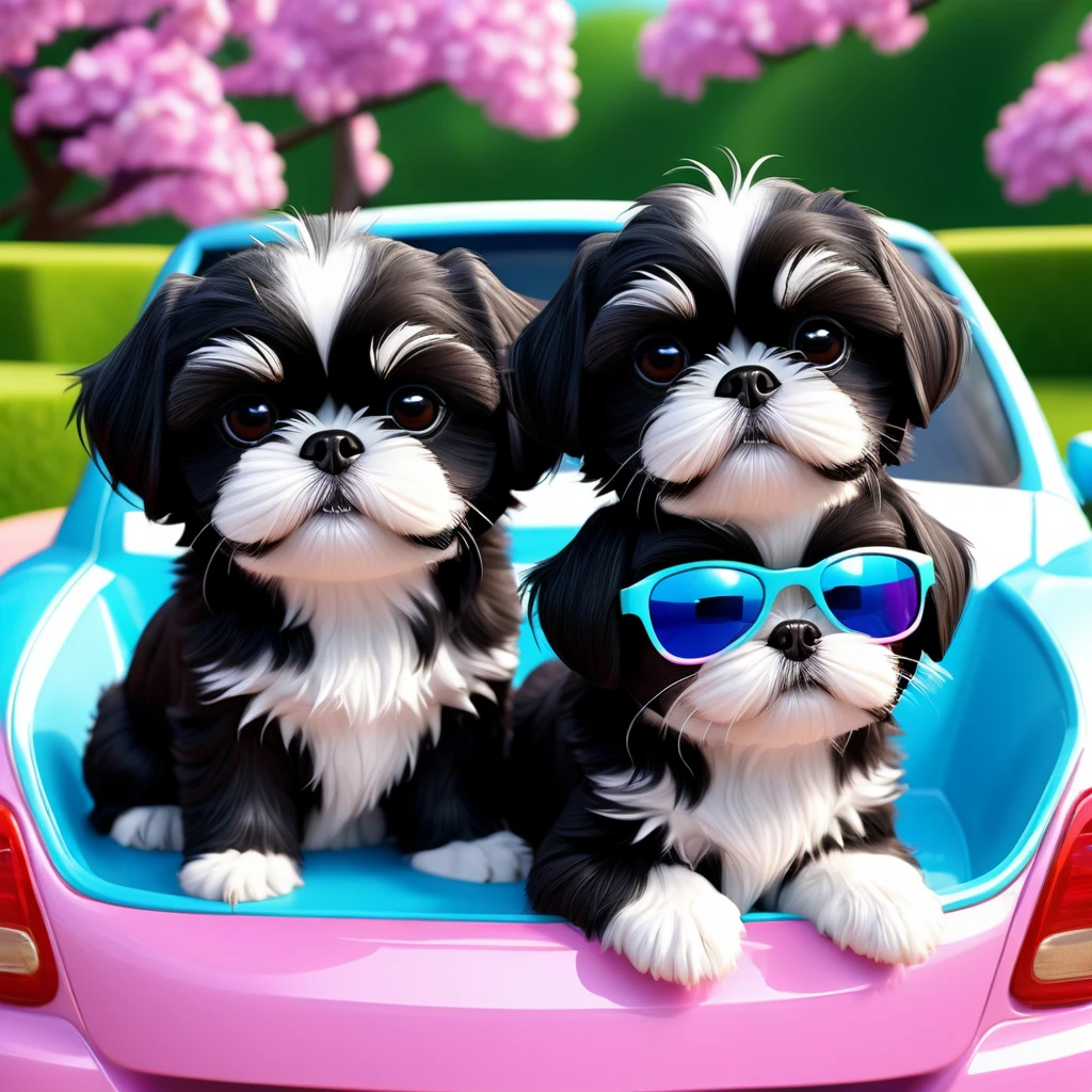 2 Adorable small black Shih Tzu puppies wearing bright sunglasses washing car Disney background 3d cartoon 3d render disney pixar style