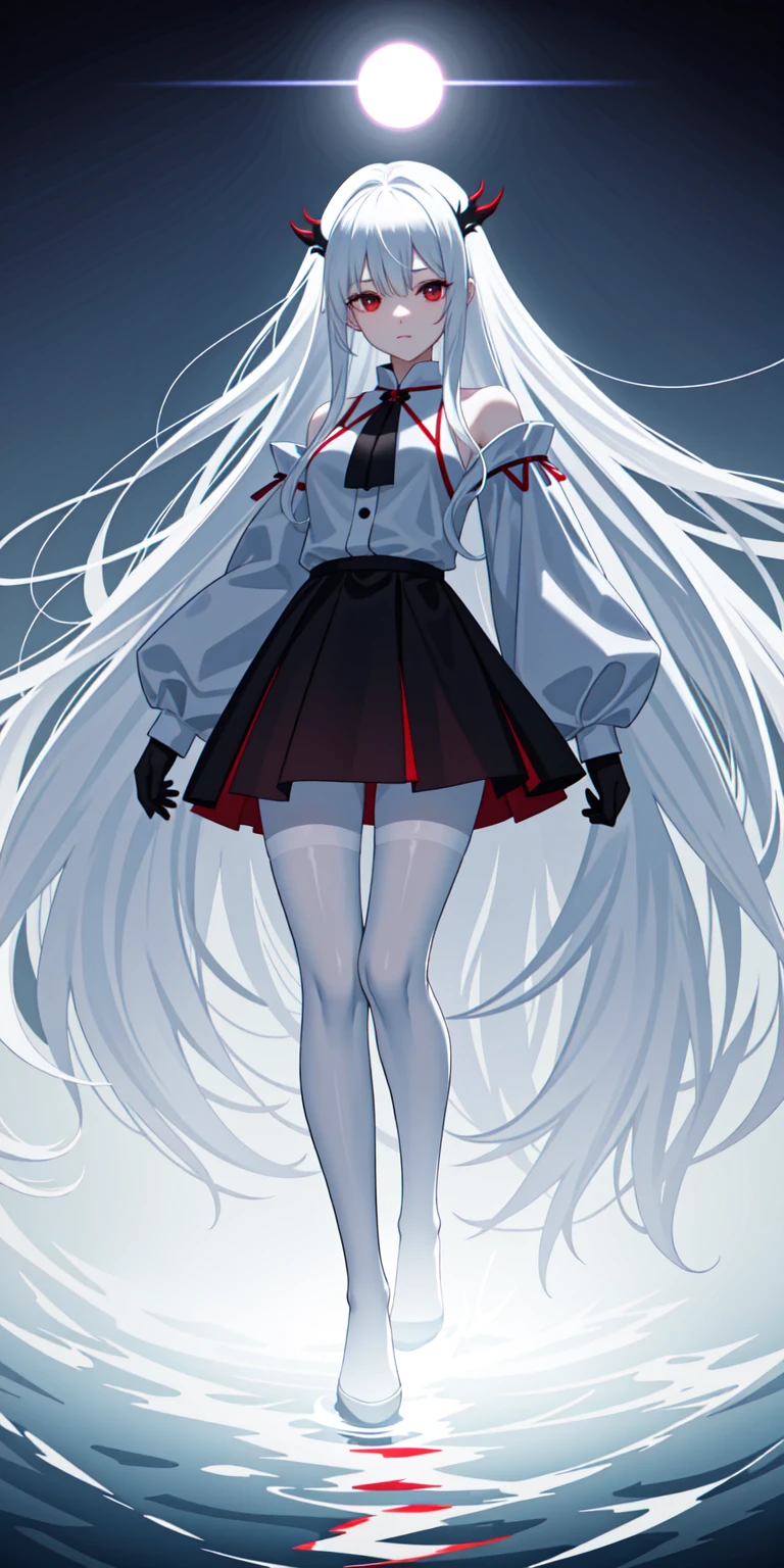 Kizi, long white hair loose, scarlet red eyes, white undershirt, black coat falling off the shoulders, Black Skirt, black transparent pantyhose, fire and ice power, night castle in the middle of the sea, 8K, high resolution, cinematic, realisitic.