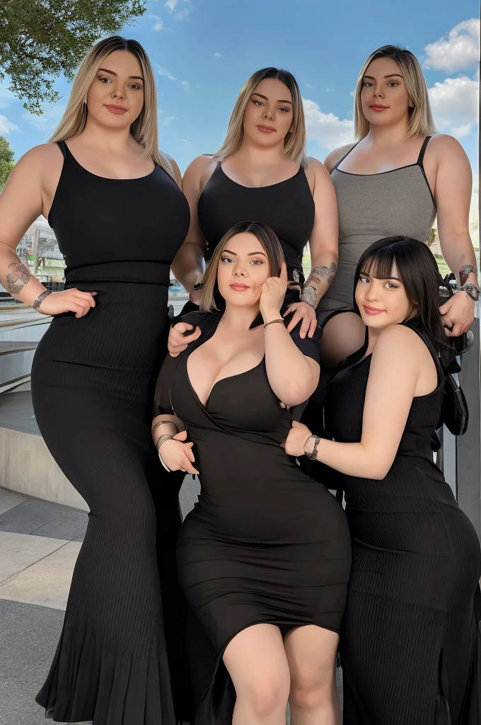 ((top-quality, 8K, masterpiece:1.3)), 1girl in, ssmile, full body Esbian, Slim Faces, Colossal , Pretty women, (dark brown hair), Full-length dresses: 1.1, hyperdetailed face, A detailed eye, Light hair, blurred background, City, takeout, a street, Posing with sisters, Love and hate, Kamimei