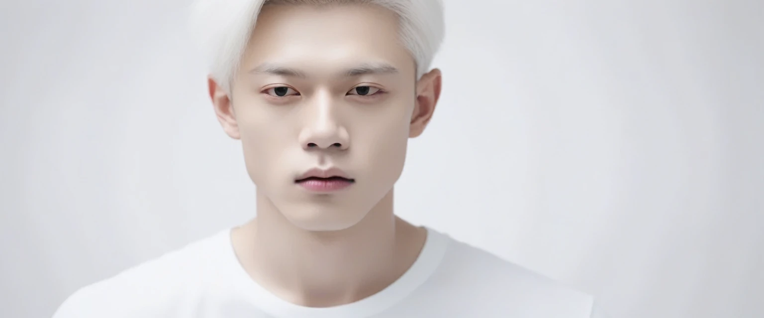 photo of grandstand full of public but out of focus Masterpiece, Best Quality, ((pure white background)), standing, thin albino boy, by white, white eyelashes, white eyebrows, cold face, White skin, black t-shirt, sad facial expression, light effect, suave, super clear, high definition image, (forehead)