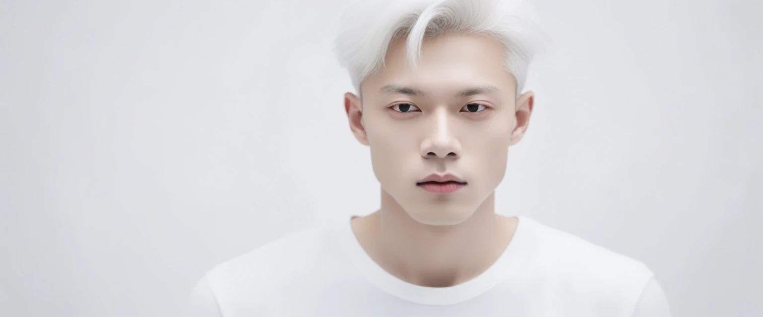 photo of grandstand full of public but out of focus Masterpiece, Best Quality, ((pure white background)), standing, thin albino boy, by white, white eyelashes, white eyebrows, cold face, White skin, black t-shirt, sad facial expression, light effect, suave, super clear, high definition image, (forehead)