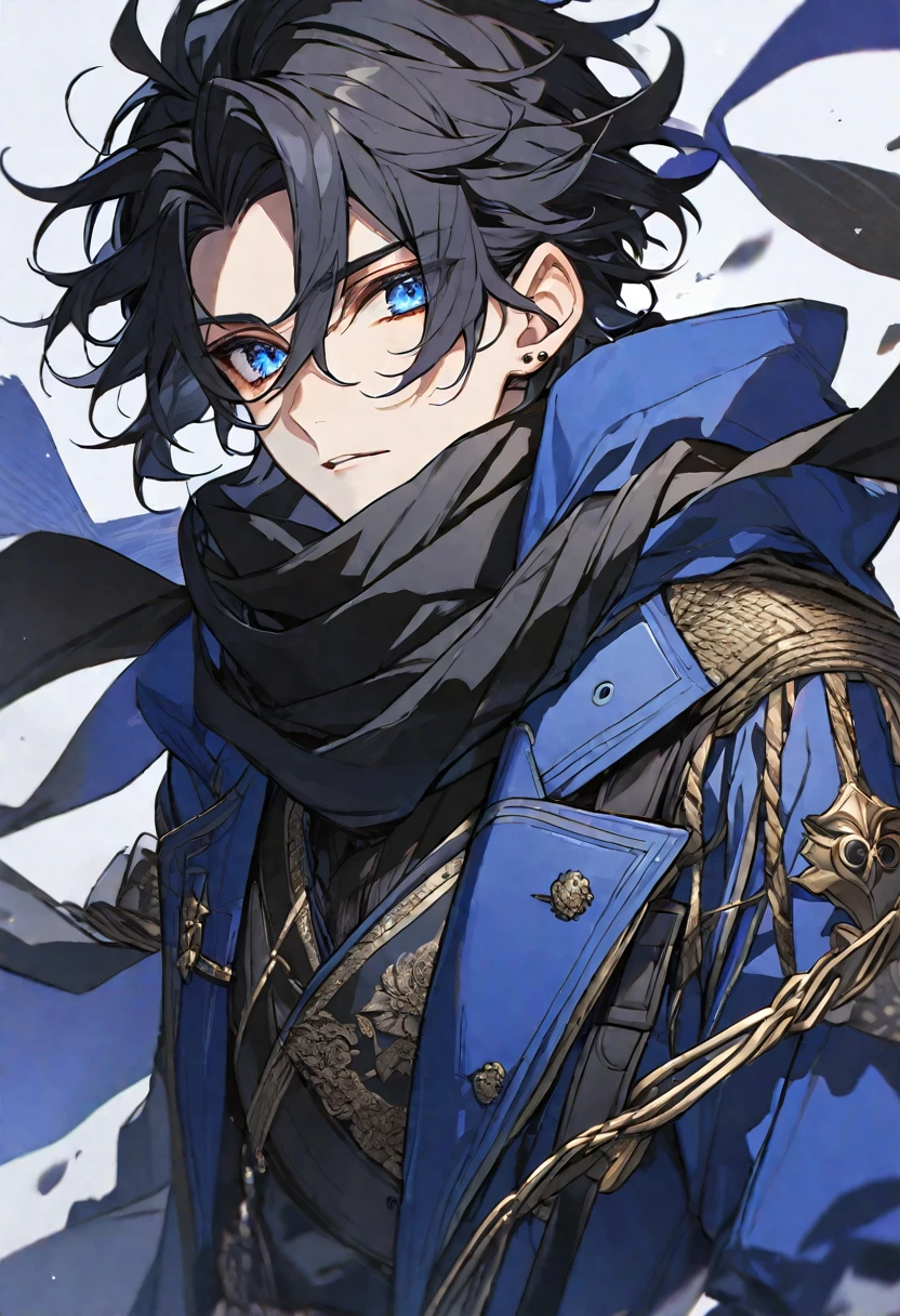 Solo, male, black hair, blue eyes, blue coat, black scarf, black roses