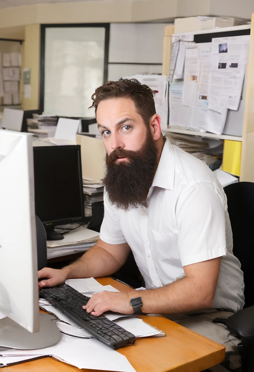 naughty man, 35 year old, Large Beard, black eyes cap in the office working on the computer