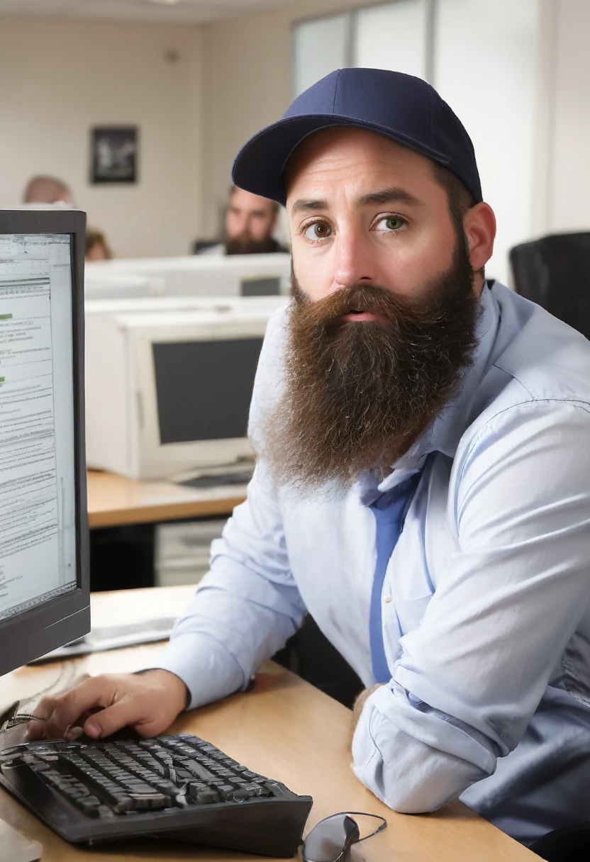 naughty man, 35 year old, Large Beard, black eyes cap in the office working on the computer