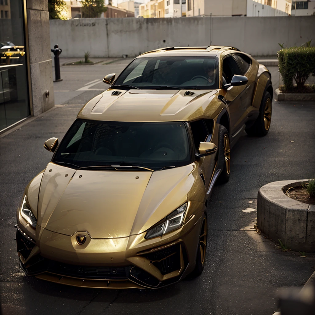 A mafia boss with white shirt and black pants and a golden Lamborghini urus 
