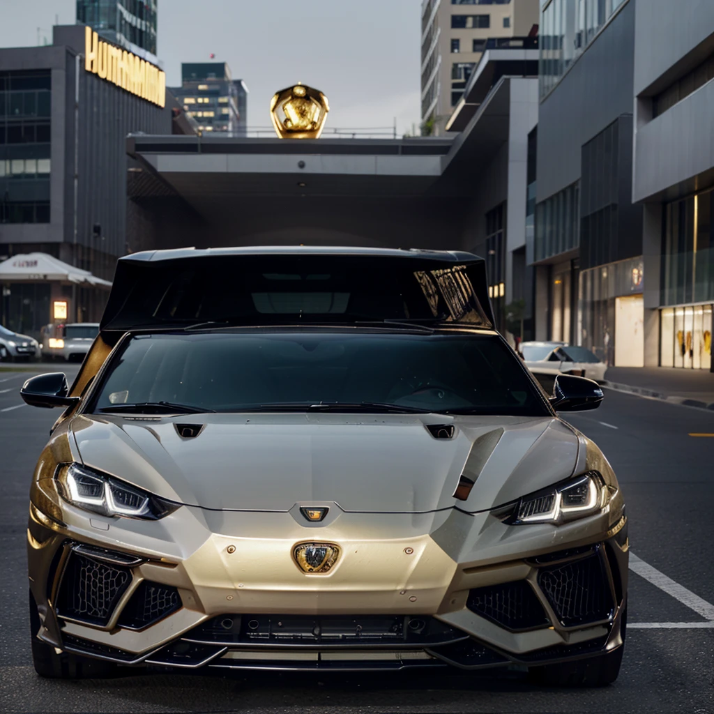 A mafia boss with white shirt and black pants and a golden Lamborghini urus