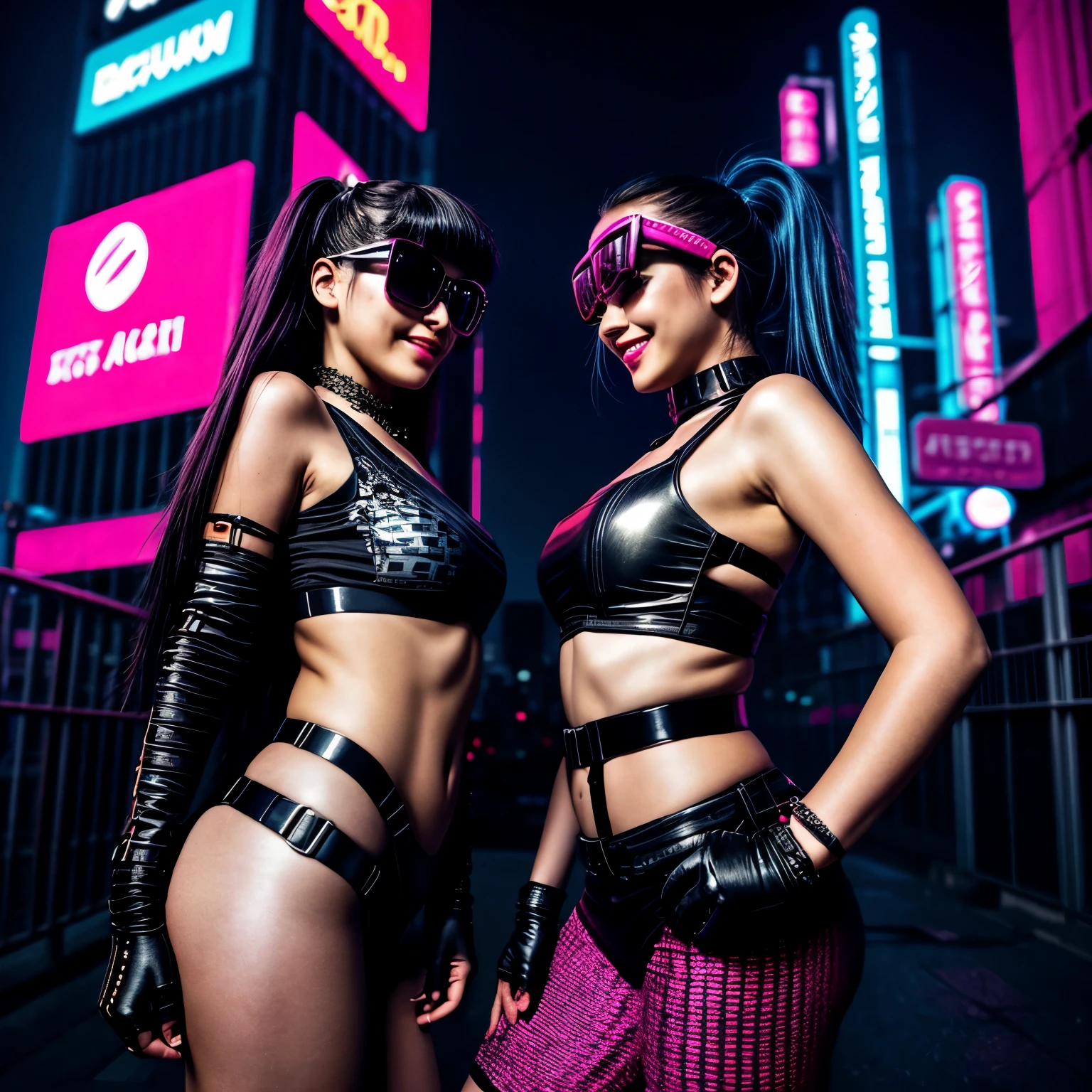 masterpiece, best quality, ((smiling)) cyberpunk girls standing, sunglasses, side view, Harajuku-inspired cyberpunk body harness, bold colors and patterns, eye-catching accessories, trendy and innovative hairstyle, dazzling Cyberpunk cityscape, skyscrapers, glowing neon signs, LED lights, anime illustration, detailed skin texture, detailed cloth texture, beautiful detailed face, intricate details, ultra detailed, cinematic lighting, strong contrast. INFO