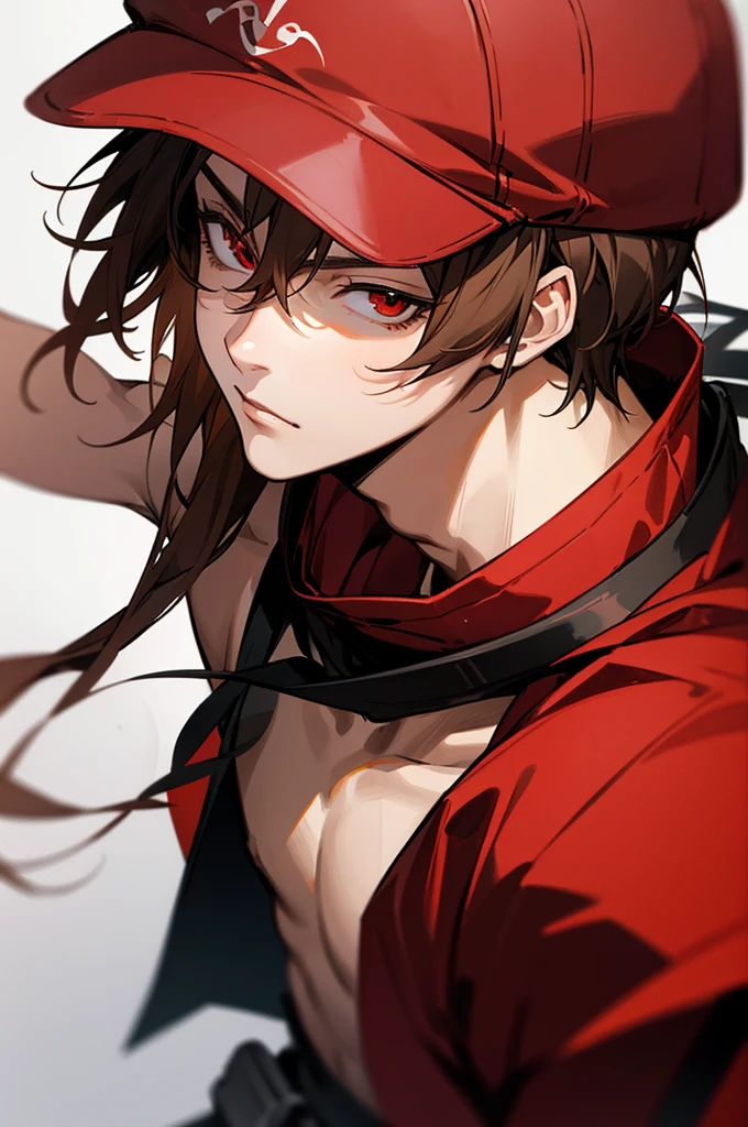 masterpiece, best quality, photorealistic, 1boy, solo, male focus, looking at viewer, , , anime coloring, , anya_kudou, brown hair, red eyes, , snapback, ,