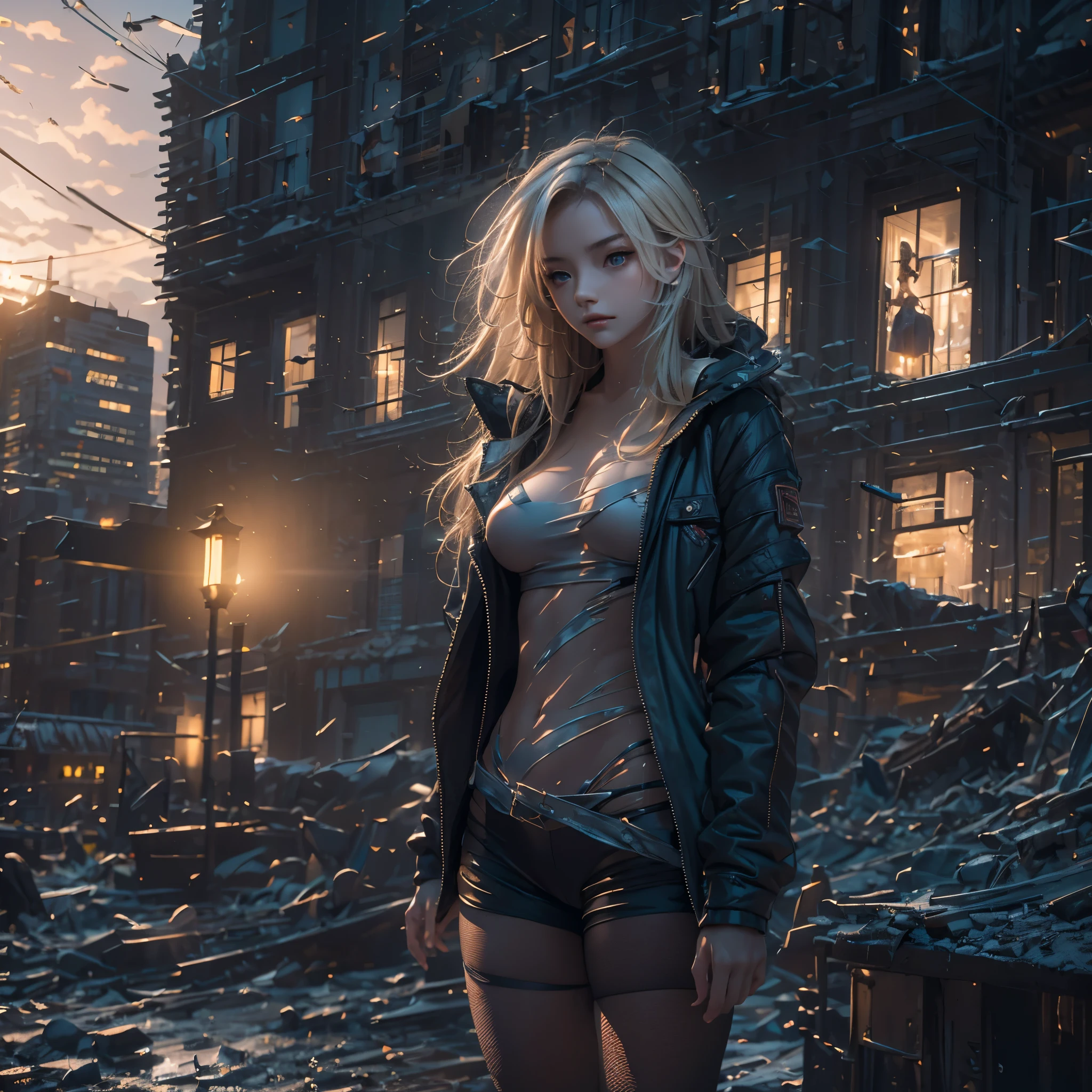 Night time, darkness, Lighting from windows, ray-traced lighting, warm glow. 
masterpiece, 1 female，13 years old, Raw photo，Photorealism，High resolution，Best Quality，High Definition, Perfect composition, 
Perfect face, Perfect body, 32K，
Cinematic lighting，torn and ripped clothing, jacket open, torn large fishnets, naked chest, Real Girl，short blonde，ruined city background, messy hair, 
seductive, lust, lit from the building lights, glow side, stunning, cold blue light, lens flare, light artifacts
