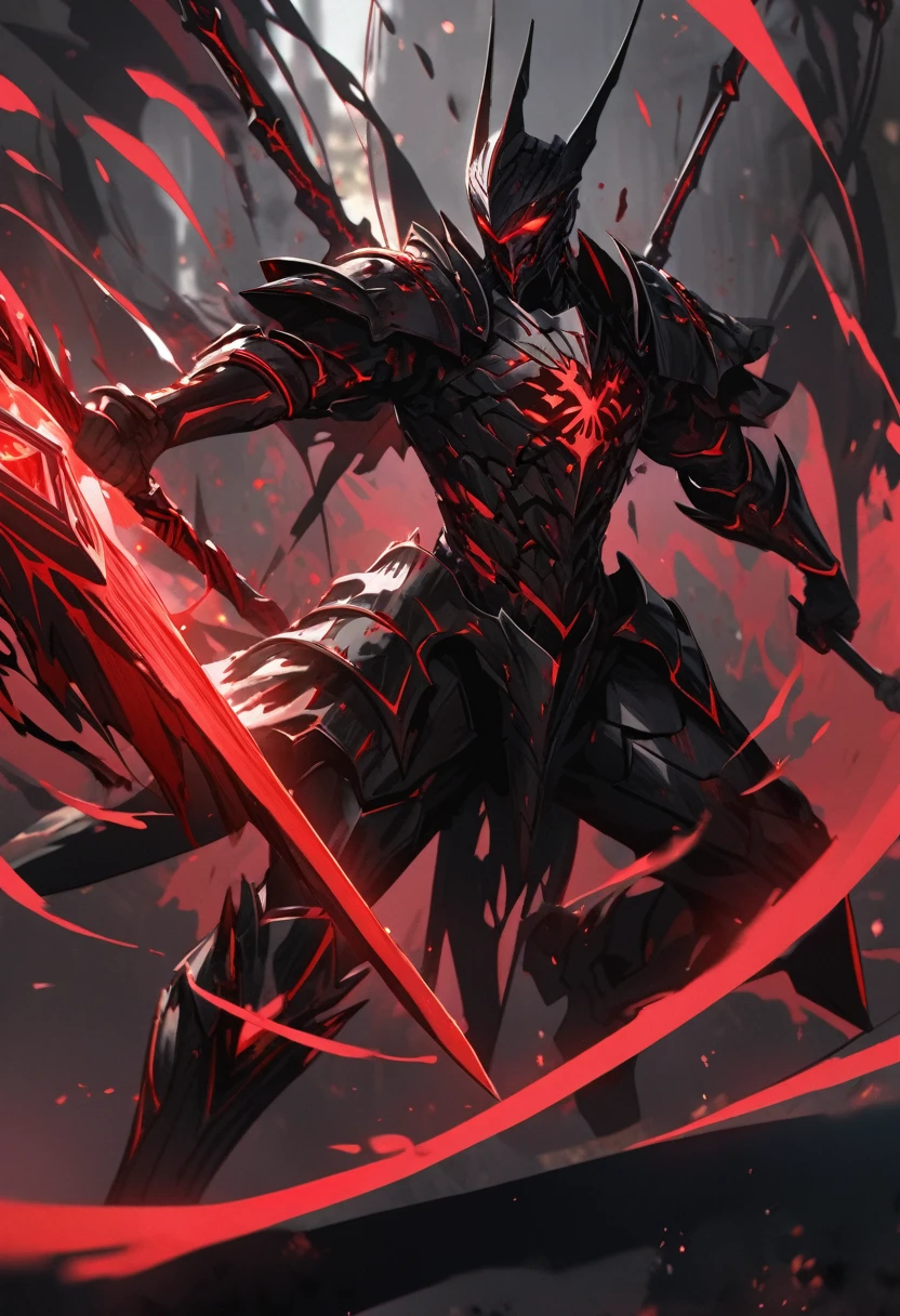 a extremely detailed warrior in armor of pitch black steel & gold wielding a bloody red staff, the void floating around them