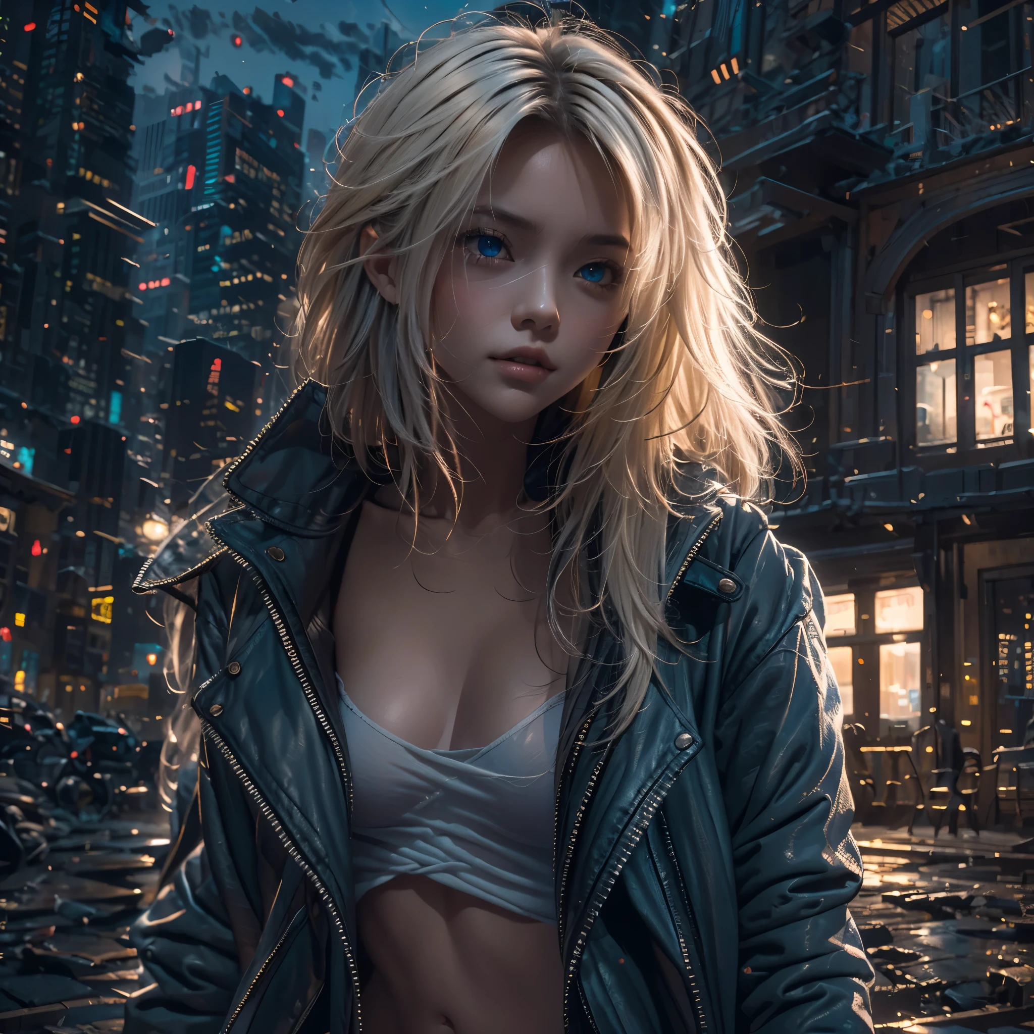Night time, darkness, Lighting from windows, ray-traced lighting, warm glow.
masterpiece, 1 female,, Raw photo,Photorealism,High resolution,Best Quality,High Definition, Perfect composition,
Perfect face, Perfect body, 32K,
Cinematic lighting,torn and ripped clothing, jacket open, torn large fishnets, naked chest, Real Girl,short blonde,ruined city background, messy hair,
seductive, lust, lit from the building lights, glow side, stunning, cold blue light, lens flare, light artifacts