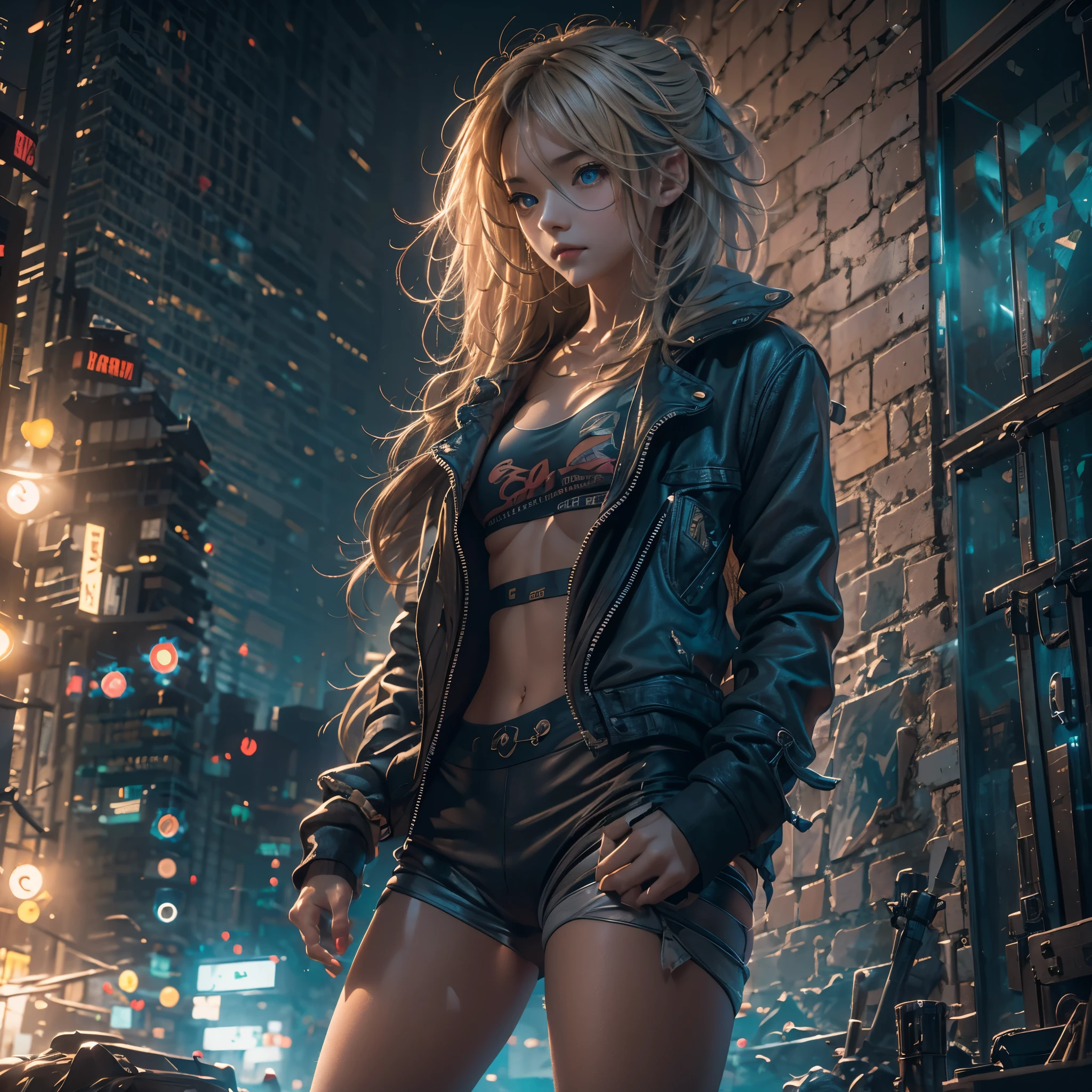 Night time, darkness, Lighting from windows, ray-traced lighting, warm glow. 
masterpiece, 1 female，13 years old, Raw photo，Photorealism，High resolution，Best Quality，High Definition, Perfect composition, 
Perfect face, Perfect body, 32K，
Cinematic lighting，torn and ripped clothing, jacket open, torn large fishnets, naked chest, Real Girl，short blonde，ruined city background, messy hair, 
seductive, lust, lit from the building lights, glow side, stunning, cold blue light, lens flare, light artifacts
