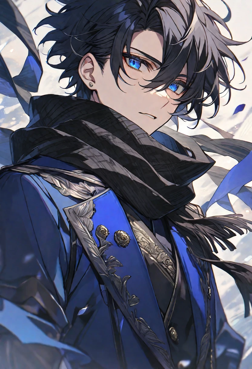Solo, male, black hair, blue eyes, blue coat, black scarf, black roses