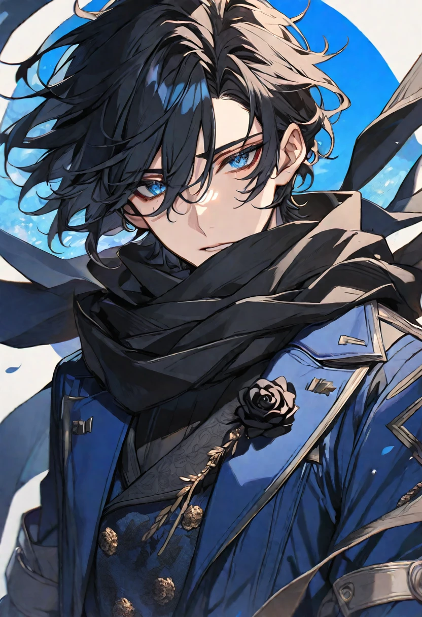 Solo, male, black hair, blue eyes, blue coat, black scarf, black roses