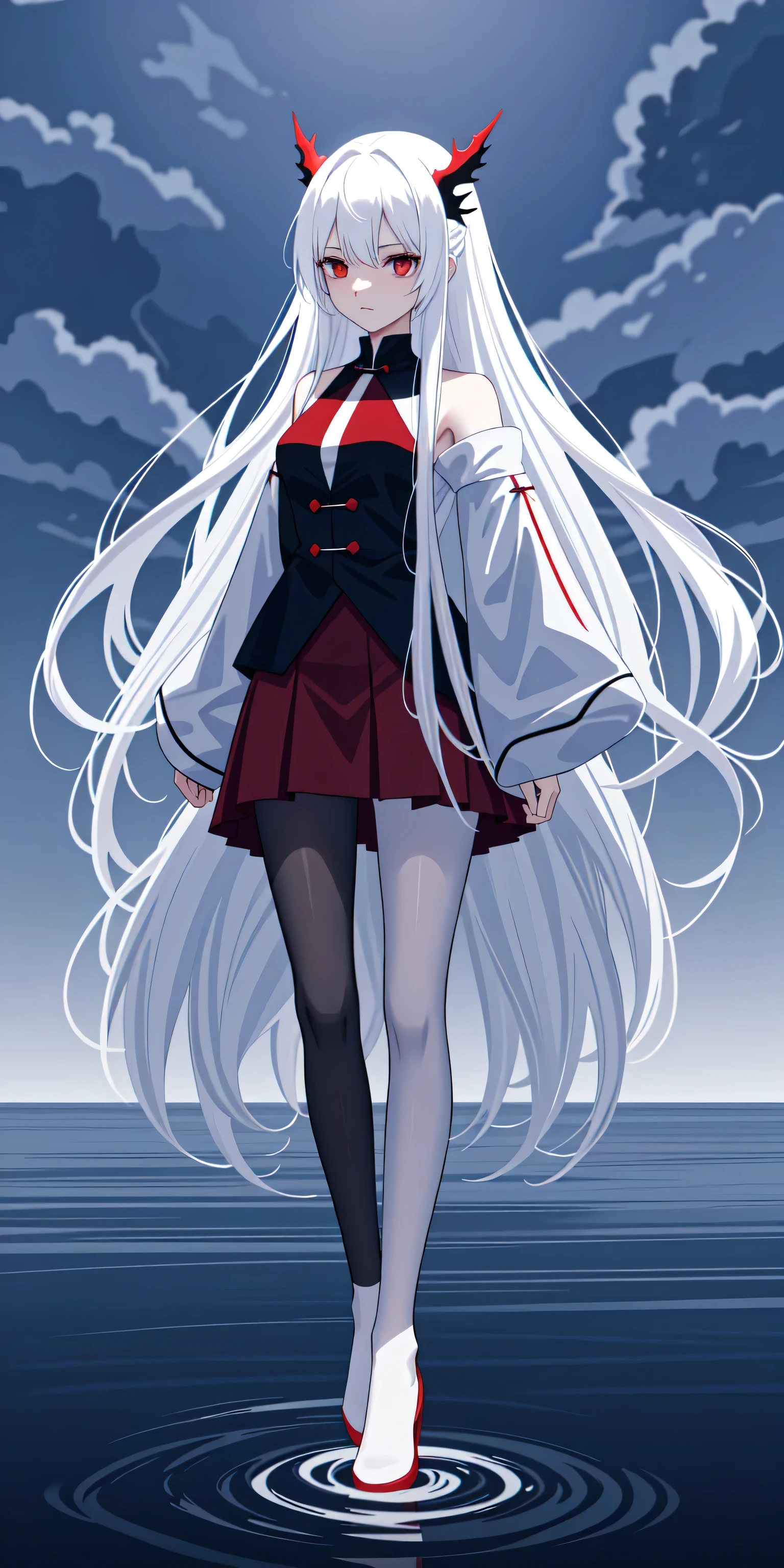 Kizi, long white hair loose, scarlet red eyes, white undershirt, black coat falling off the shoulders, Black Skirt, black transparent pantyhose, fire and ice power, night castle in the middle of the sea, 8K, high resolution, cinematic, realisitic.