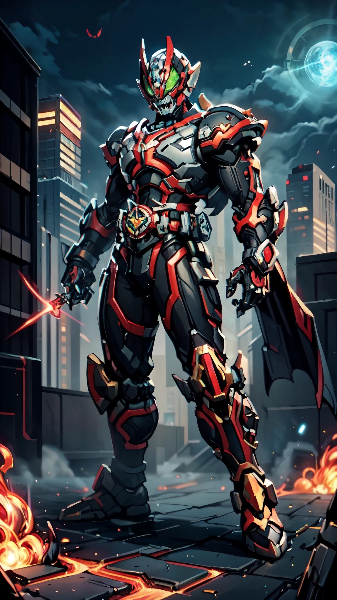 (masterpiece:1.5, best quality:1.5, extremely delicate:1.5, perspective:1.5, foreshortening:1.5, dynamic angle:1.5), a man wearing a full-face helmet, a fantasy-style biotech armored combat suit, green eyes, (a composite layered chest armor), fully enclosed shoulder guards, matching arm and leg guards, the belt is adorned with fangs biting into orbs, (the color scheme is primarily black with red accents), the design balances heavy with agility, a high-tech bio-mecha armor, (Armor Concept Inspired by Bat, stand on the top of a skyscraper in a futuristic sci-fi city), this character embodies a finely crafted fantasy-surreal style armored hero in anime style, exquisite and mature manga art style, (element, plasma, energy, the armor glows), ((male:1.5)), metallic, high definition, highres, ultra-detailed, ultra-fine painting, professional, perfect body proportions, golden ratio, anatomically correct, symmetrical face, extremely detailed eyes and face, high quality eyes, creativity, RAW photo, UHD, 32k, Natural light, cinematic lighting, masterpiece-anatomy-perfect