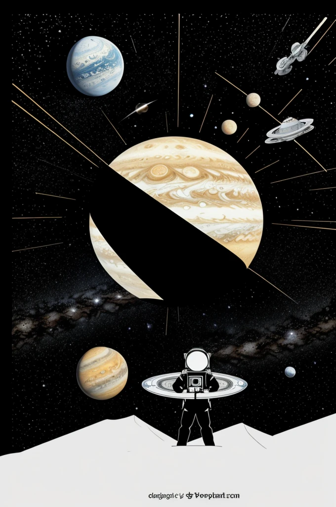 Astronut in vector art. The Jupiter background the astronut is modern design and the planet is bigger in the background. Only black and white color for t shirt screen printing. The image is cartoonish and cute, No background