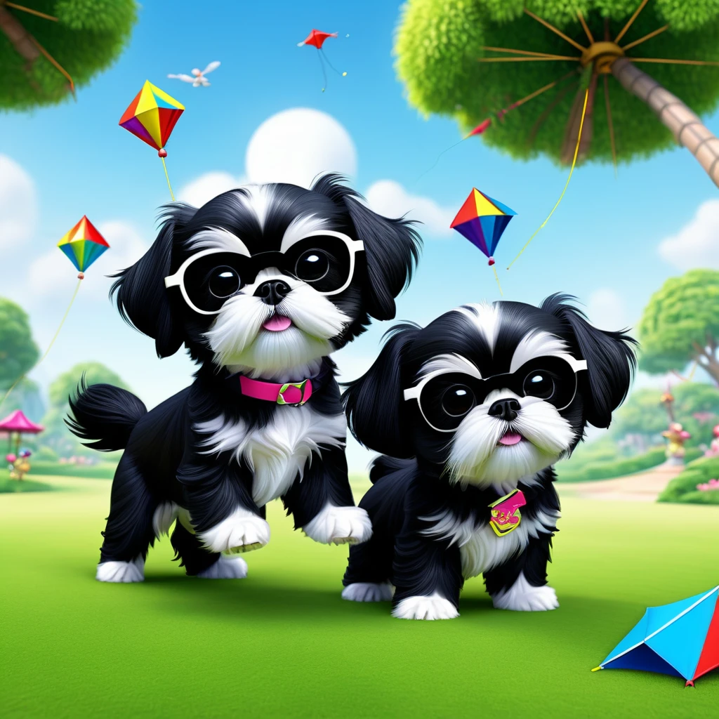 2 Adorable small black Shih Tzu puppies wearing bright sunglasses flying a kite Disney background 3d cartoon 3d render disney pixar style