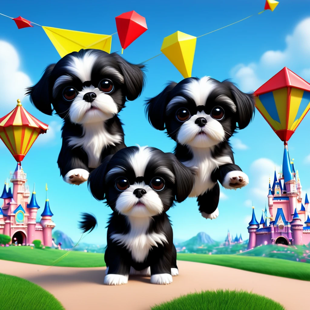 2 Adorable small black Shih Tzu puppies wearing bright sunglasses flying a kite Disney background 3d cartoon 3d render disney pixar style