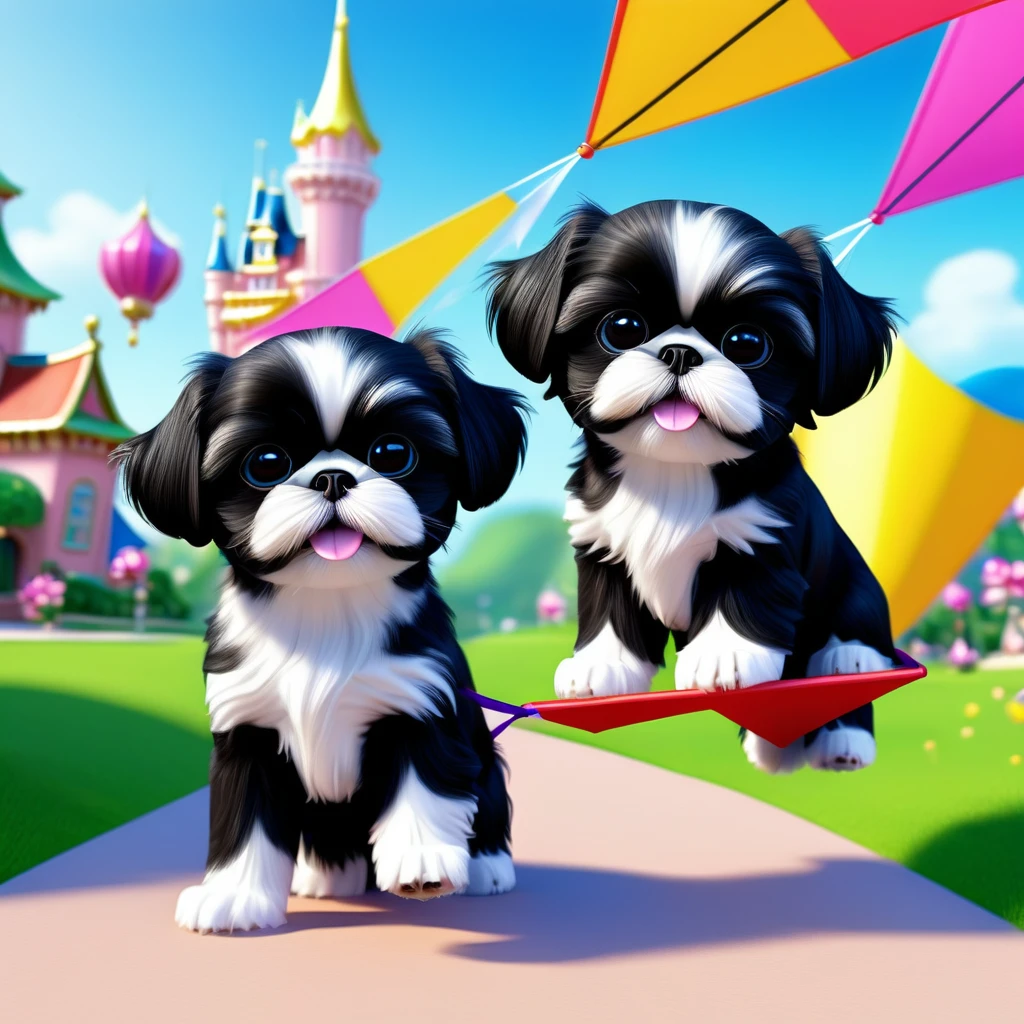 2 Adorable small black Shih Tzu puppies wearing bright sunglasses flying a kite Disney background 3d cartoon 3d render disney pixar style