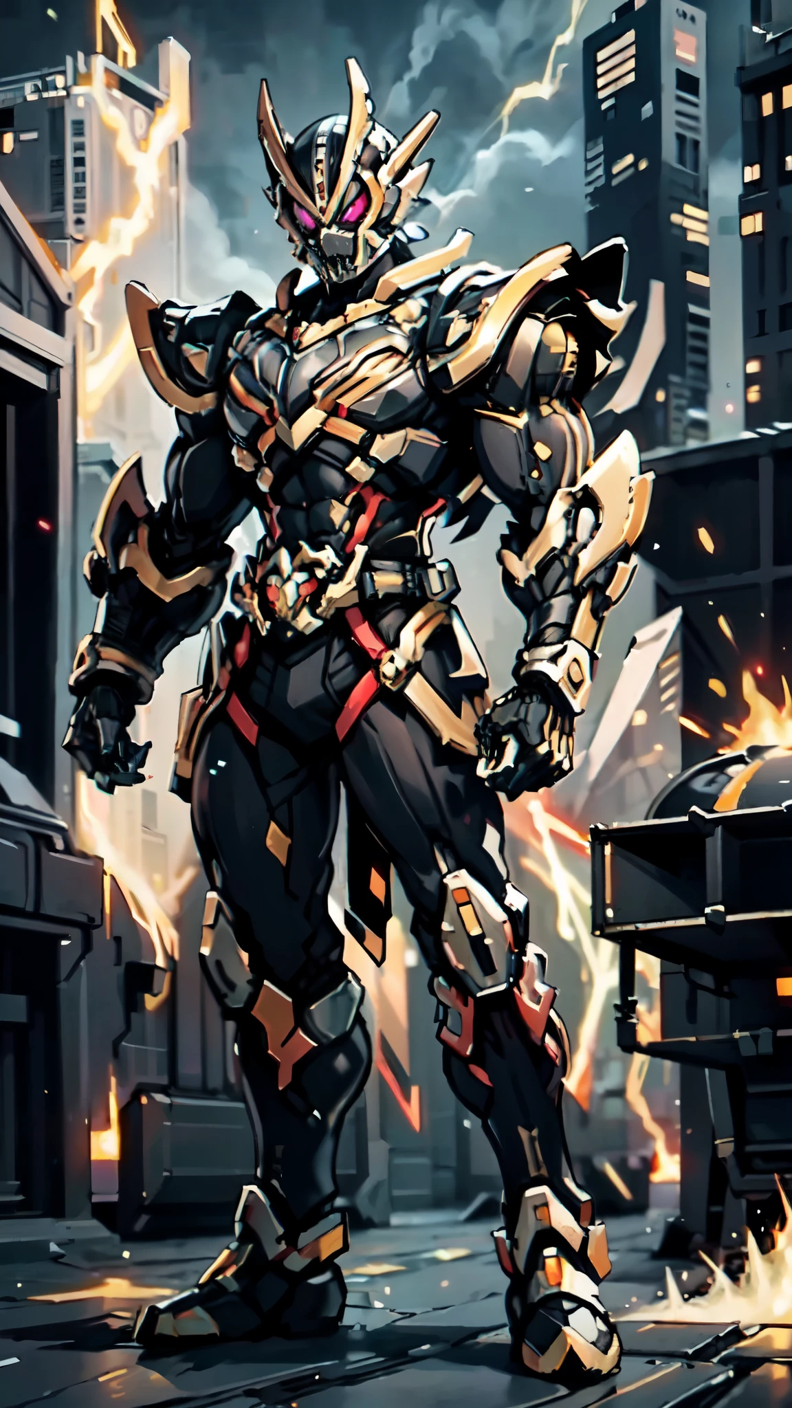 (masterpiece:1.5, best quality:1.5, extremely delicate:1.5, perspective:1.5, foreshortening:1.5, dynamic angle:1.5), a man wearing a full-face helmet, a fantasy-style biotech armored combat suit, green eyes, (a composite layered chest armor), fully enclosed shoulder guards, matching arm and leg guards, the belt is adorned with fangs biting into orbs, (the color scheme is primarily black with red accents), the design balances heavy with agility, a high-tech bio-mecha armor, (Armor Concept Inspired by Bat, stand on the top of a skyscraper in a futuristic sci-fi city), this character embodies a finely crafted fantasy-surreal style armored hero in anime style, exquisite and mature manga art style, (element, plasma, energy, the armor glows), ((male:1.5)), metallic, high definition, highres, ultra-detailed, ultra-fine painting, professional, perfect body proportions, golden ratio, anatomically correct, symmetrical face, extremely detailed eyes and face, high quality eyes, creativity, RAW photo, UHD, 32k, Natural light, cinematic lighting, masterpiece-anatomy-perfect