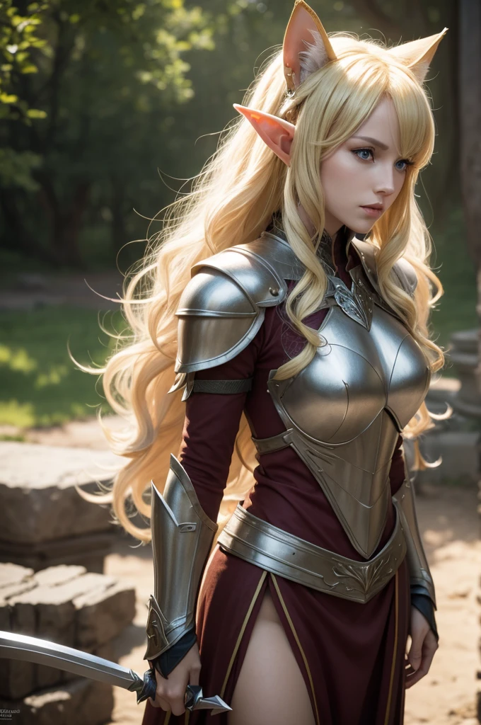 an elf, long blonde curly hair, pointy cat ears, armour, HD, 4K, 8K 
