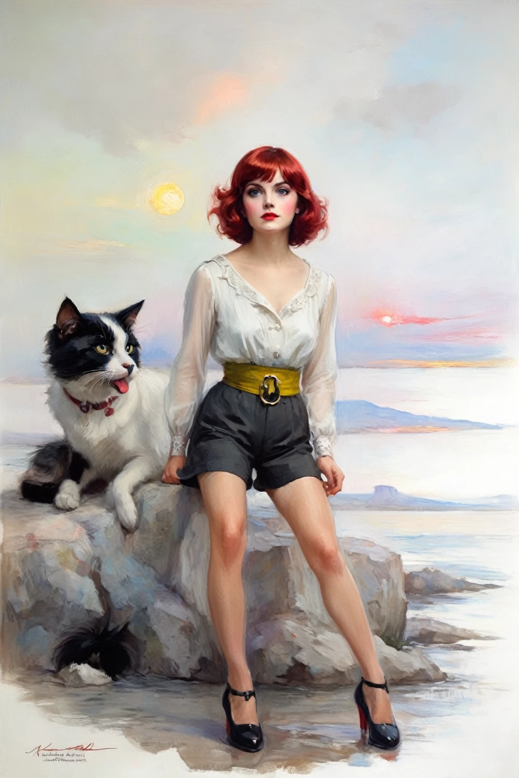 [(front portrait: young Martha Mansfield with big eyes and a short red bob)((Harrison Fisher style))):20]/[background:landscape
 Baroque (moonlight sunset), style Rafael Santi], very colorful,((oil painting)),((masterpiece)),single shot