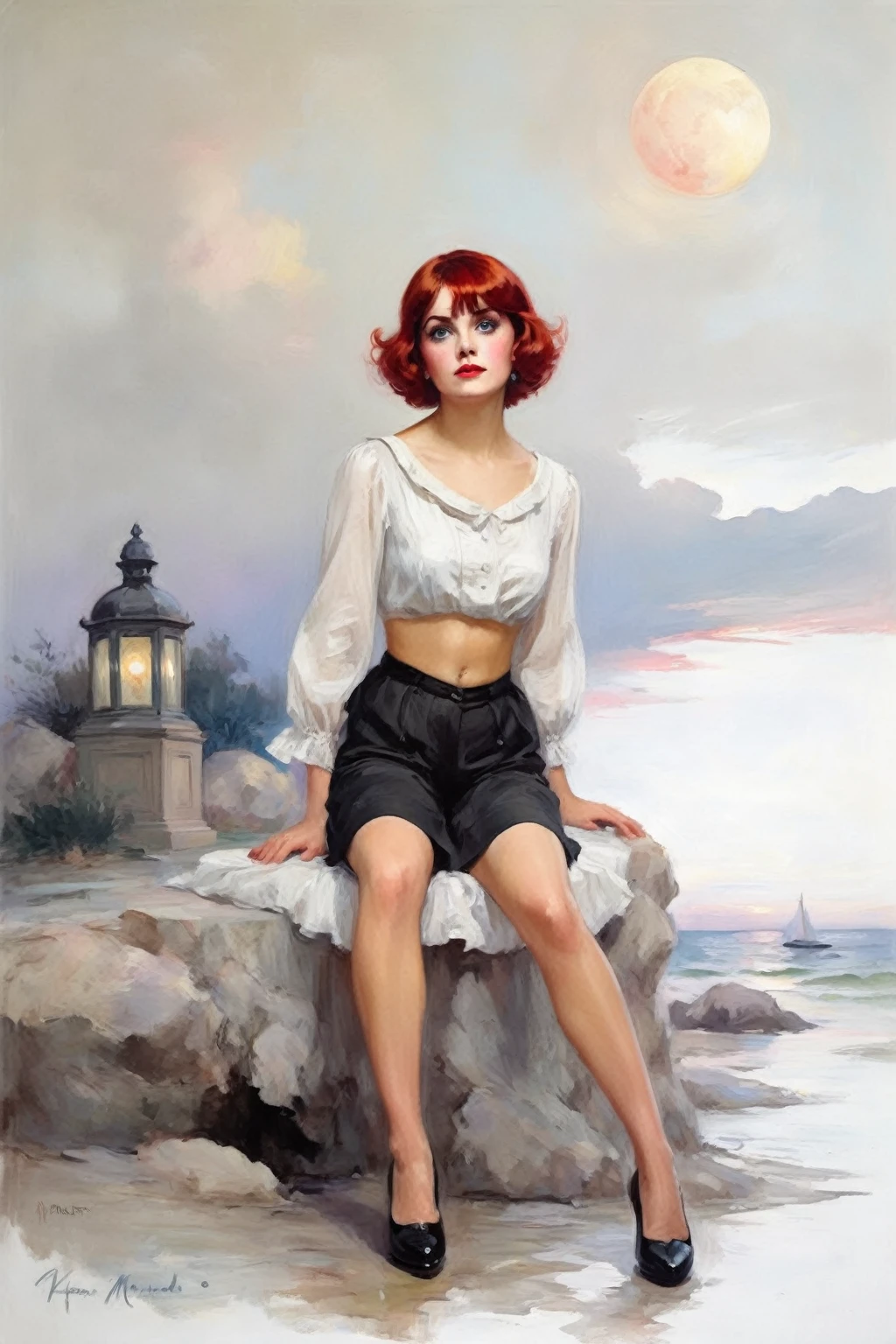 a girl in topless in asmall white panties little boots view down below in the style of Gigi Cavenago and Jeffrey Jones and Albert Beck Wenzell and norman rockwell