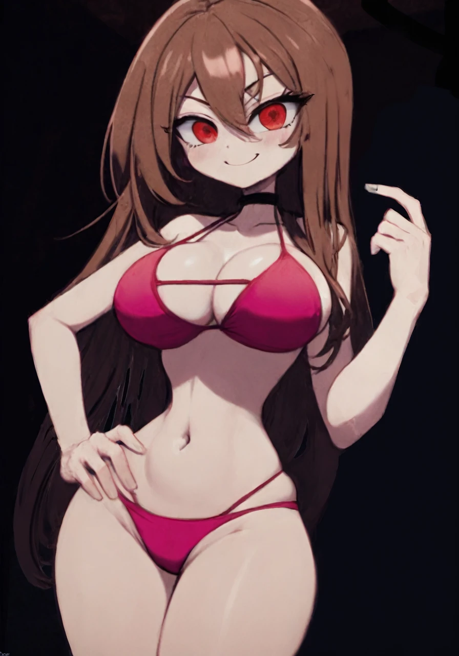 masterpiece, 4k, details, extreme details, high resolution, 1 woman, DJ , long brown hair, red eyes, mischievous face, smile, pink bikini, belly, large , standing on your hips