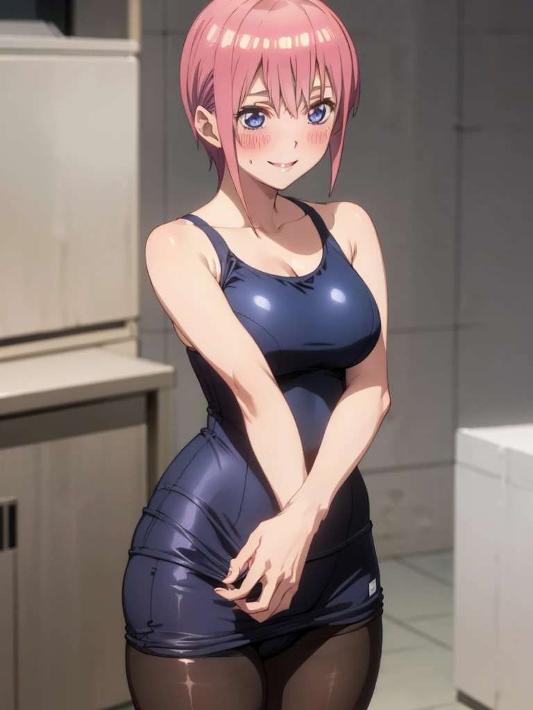 best quality, masterpiece, high quality, insanely detailed, ichika nakano, one-piece swimsuit, breasts, pantyhose, blush, smile, standing