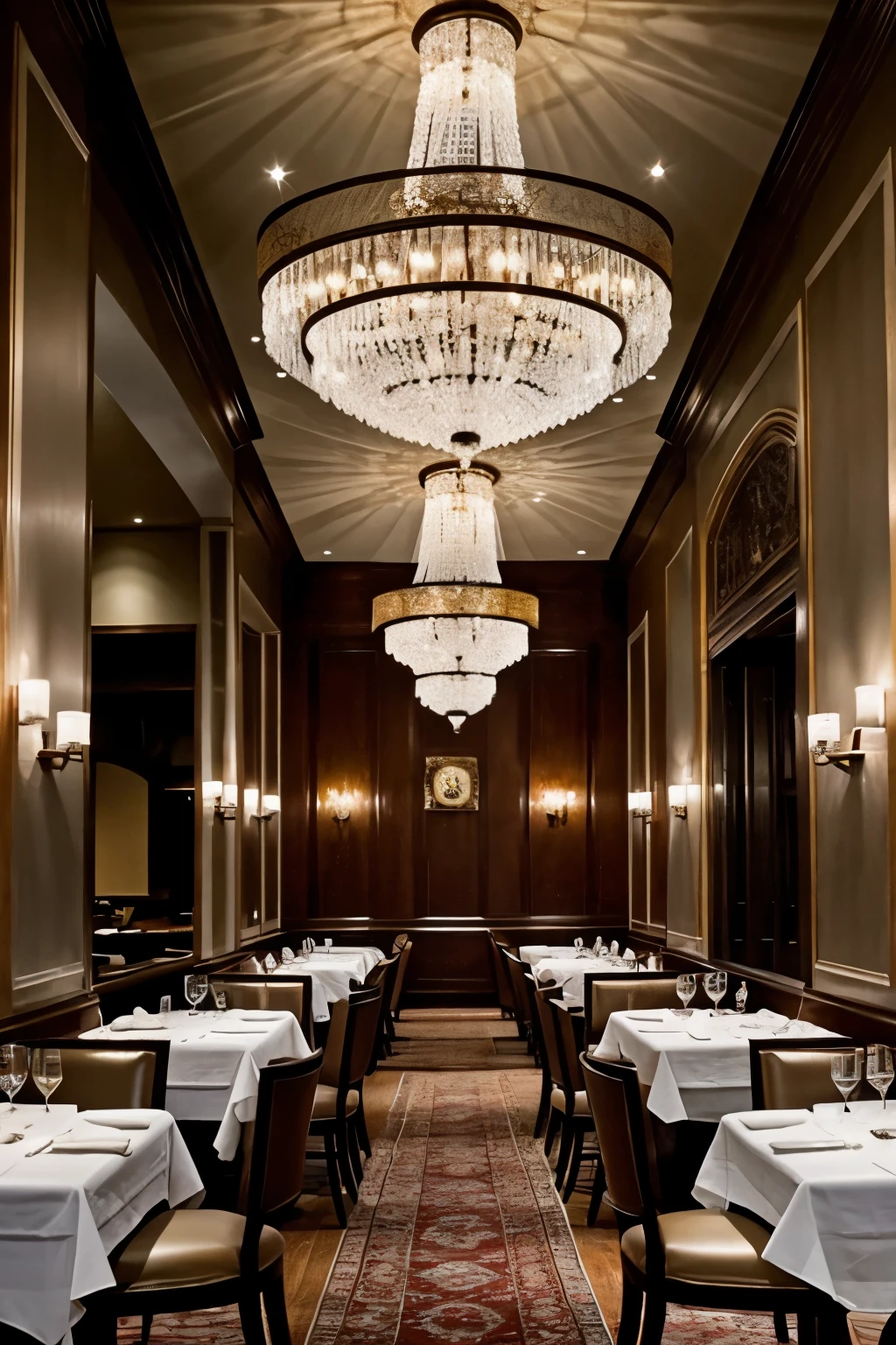 ((Best Quality)), ((Masterpiece)), (detailed), A restaurant, glanced up, I see a chandelier