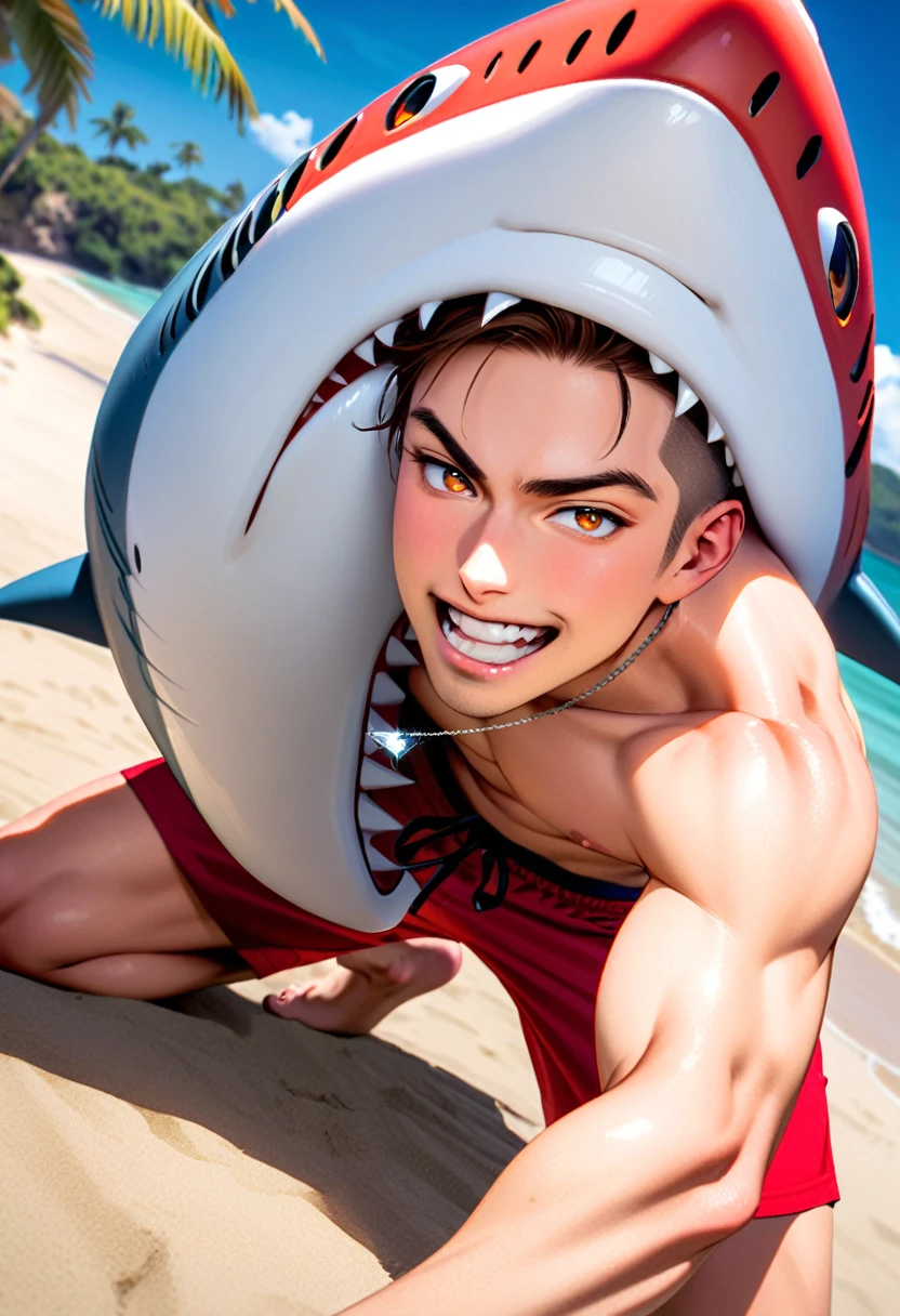 A young man, 21-years-old, solo, Caucasian, mature face, wild spiky undercut brown hair, orange eyes, daring smile, mouth open, no shirt, shirtless, red swimming trunks, thin silver necklace, beach, wrestling a shark