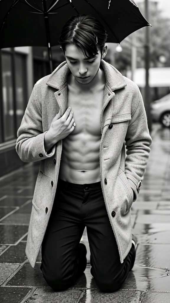 A boy age 30 with normal height and fit kneeling down and prayering in coat and pants on a rainy day black and white up to chest only