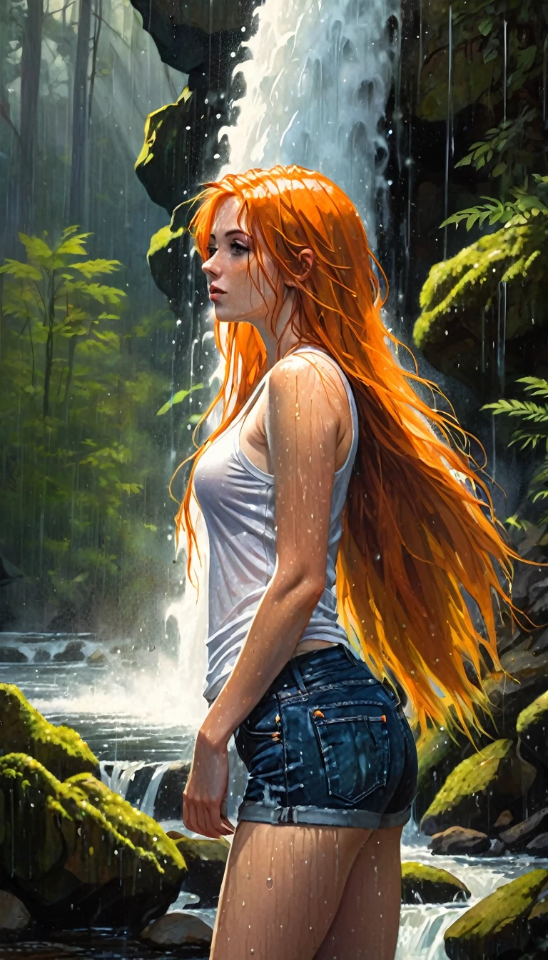 a sexy girl with long orange hair, medium breasts, wearing short jeans and a plain white tank top, showering under a waterfall in a forest, dark, seductive, dramatic lighting, glowing skin, water droplets, steam, mist, lush greenery, mossy rocks, sunbeams, cinematic composition , (art inspired by Bill Sienkiewicz). oil painting)