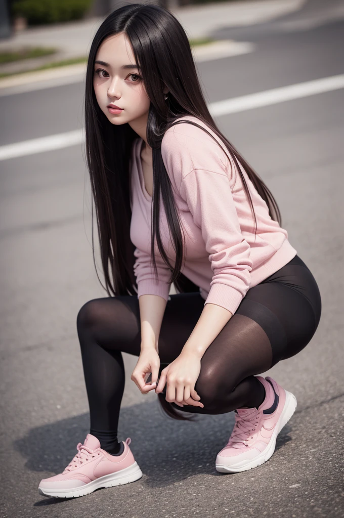 Girl with long dark hair down to her feet, anime illustration, 2d, Caucasian skin, medium breasts, saia brown, detailed dark shirt, pink lips, fine nose, slim, thick-thighs, dark sneakers, thigh-high tights,
