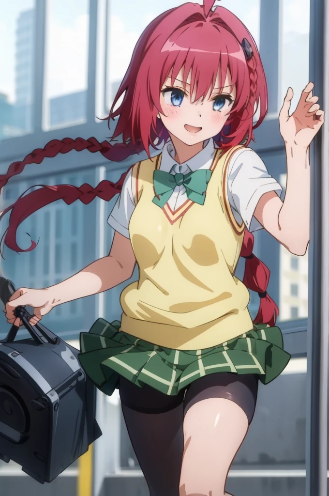 ,1girl in,Solo,Smile,Short_hair,long_hair,Blue_Eyes,hair_ornament detached,Bow,School_uniform,braid,Ahoge,Red_hair,bowtie,Green_Bow,Skirt,Shirt,very_long_hair,Short_sleeves,pleats_Skirt,shoes,sox,pull cart,hair_bobbles,Green_Skirt,Sweaters_vests,lowfers,black pantyhose 