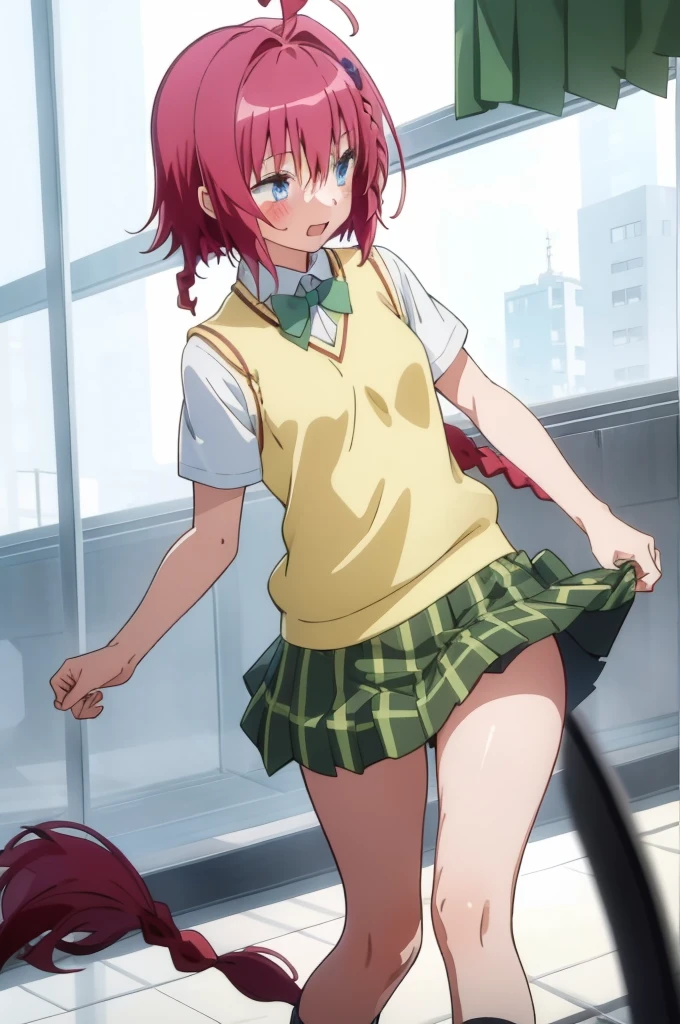 ,1girl in,Solo,Smile,Short_hair,long_hair,Blue_Eyes,hair_ornament detached,Bow,School_uniform,braid,Ahoge,Red_hair,bowtie,Green_Bow,Skirt,Shirt,very_long_hair,Short_sleeves,pleats_Skirt,shoes,sox,pull cart,hair_bobbles,Green_Skirt,Sweaters_vests,lowfers,black pantyhose 