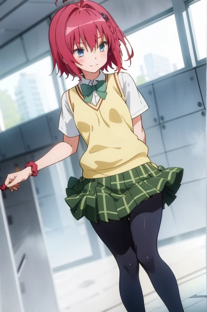 ,1girl in,Solo,Smile,Short_hair,long_hair,Blue_Eyes,hair_ornament detached,Bow,School_uniform,braid,Ahoge,Red_hair,bowtie,Green_Bow,Skirt,Shirt,very_long_hair,Short_sleeves,pleats_Skirt,shoes,sox,pull cart,hair_bobbles,Green_Skirt,Sweaters_vests,lowfers,black pantyhose 