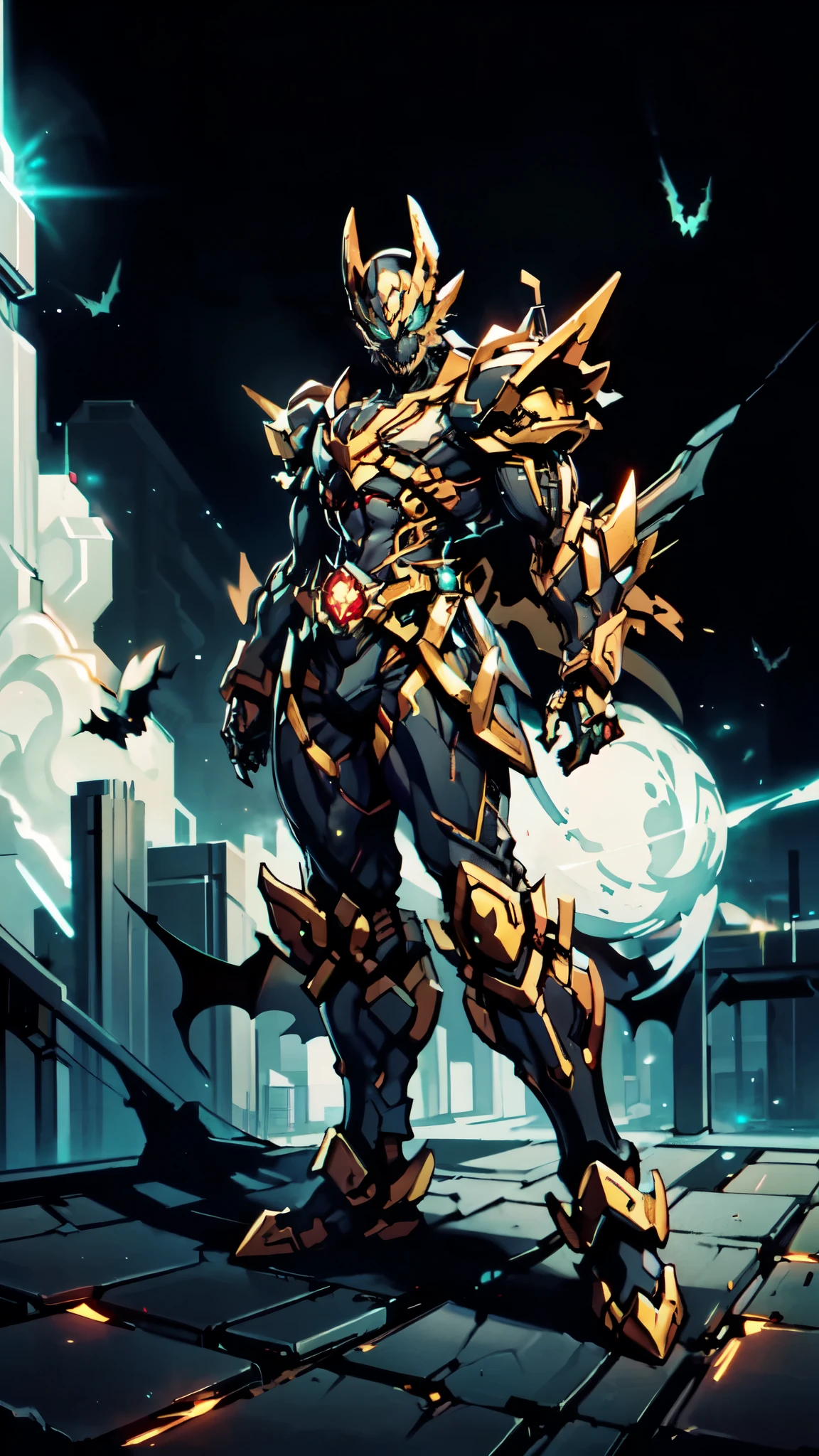 (masterpiece:1.5, best quality:1.5, extremely delicate:1.5, perspective:1.5, foreshortening:1.5, dynamic angle:1.5), a man wearing a full-face helmet, a fantasy-style biotech armored combat suit, green eyes, (a composite layered chest armor), fully enclosed shoulder guards, matching arm and leg guards, the belt is adorned with fangs biting into orbs, (the color scheme is primarily black with red accents), the design balances heavy with agility, a high-tech bio-mecha armor, (Armor Concept Inspired by Bat, stand on the top of a skyscraper in a futuristic sci-fi city), this character embodies a finely crafted fantasy-surreal style armored hero in anime style, exquisite and mature manga art style, (element, plasma, energy, the armor glows), ((male:1.5)), metallic, high definition, highres, ultra-detailed, ultra-fine painting, professional, perfect body proportions, golden ratio, anatomically correct, symmetrical face, extremely detailed eyes and face, high quality eyes, creativity, RAW photo, UHD, 32k, Natural light, cinematic lighting, masterpiece-anatomy-perfect