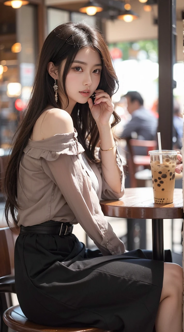 Beautiful Japanese Waifu, early 30s, brunette hair, sitting in a coffee shop with a cup of bubble tea