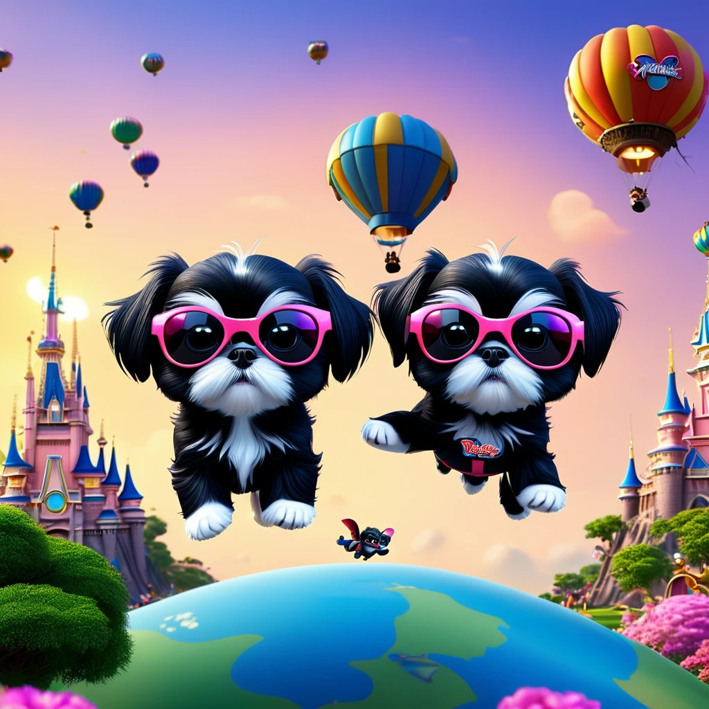 2 Adorable small black Shih Tzu puppies wearing bright sunglasses skydiving Disney background 3d cartoon 3d render disney pixar style