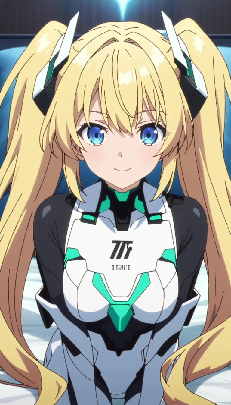 score_9, score_8_up, score_7_up, source_anime, absurdres, bedroom, 1girl, solo, angelabalzac, blonde hair, blue eyes, deva battle suit, elbow gloves, headgear, long hair, low twintails, twintails, very long hair, smile, looking at viewer, straight-on, portrait, masterpiece, best quality, very aesthetic, lying back, on bed, anime screencap, highly detailed, lighting, 8k, masterpiece, 