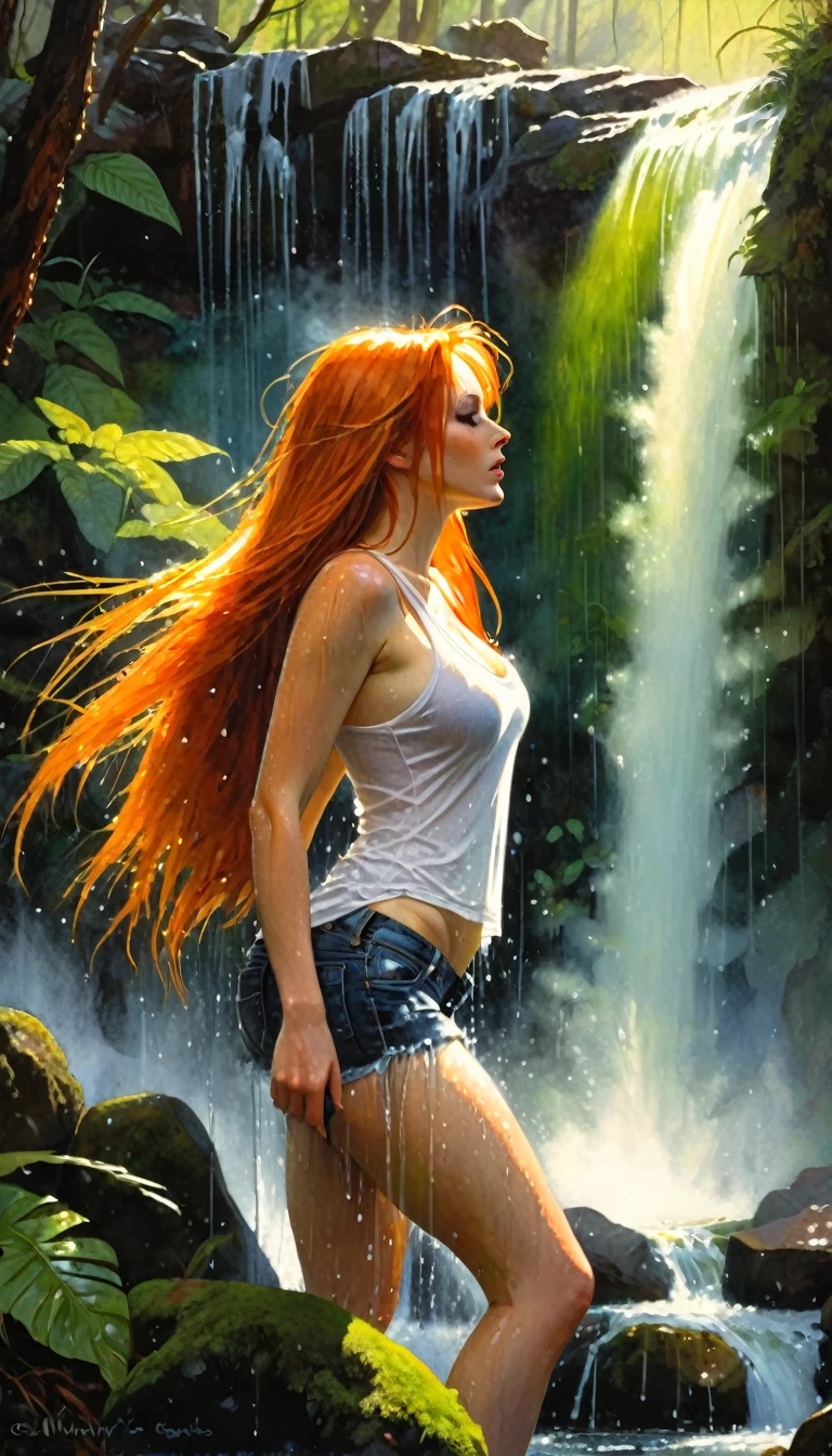a sexy girl with long orange hair, medium breasts, wearing short jeans and a plain white tank top, showering under a waterfall in a forest, dark, seductive, dramatic lighting, glowing skin, water droplets, steam, mist, lush greenery, mossy rocks, sunbeams, cinematic composition , (art inspired by Bill Sienkiewicz). oil painting)