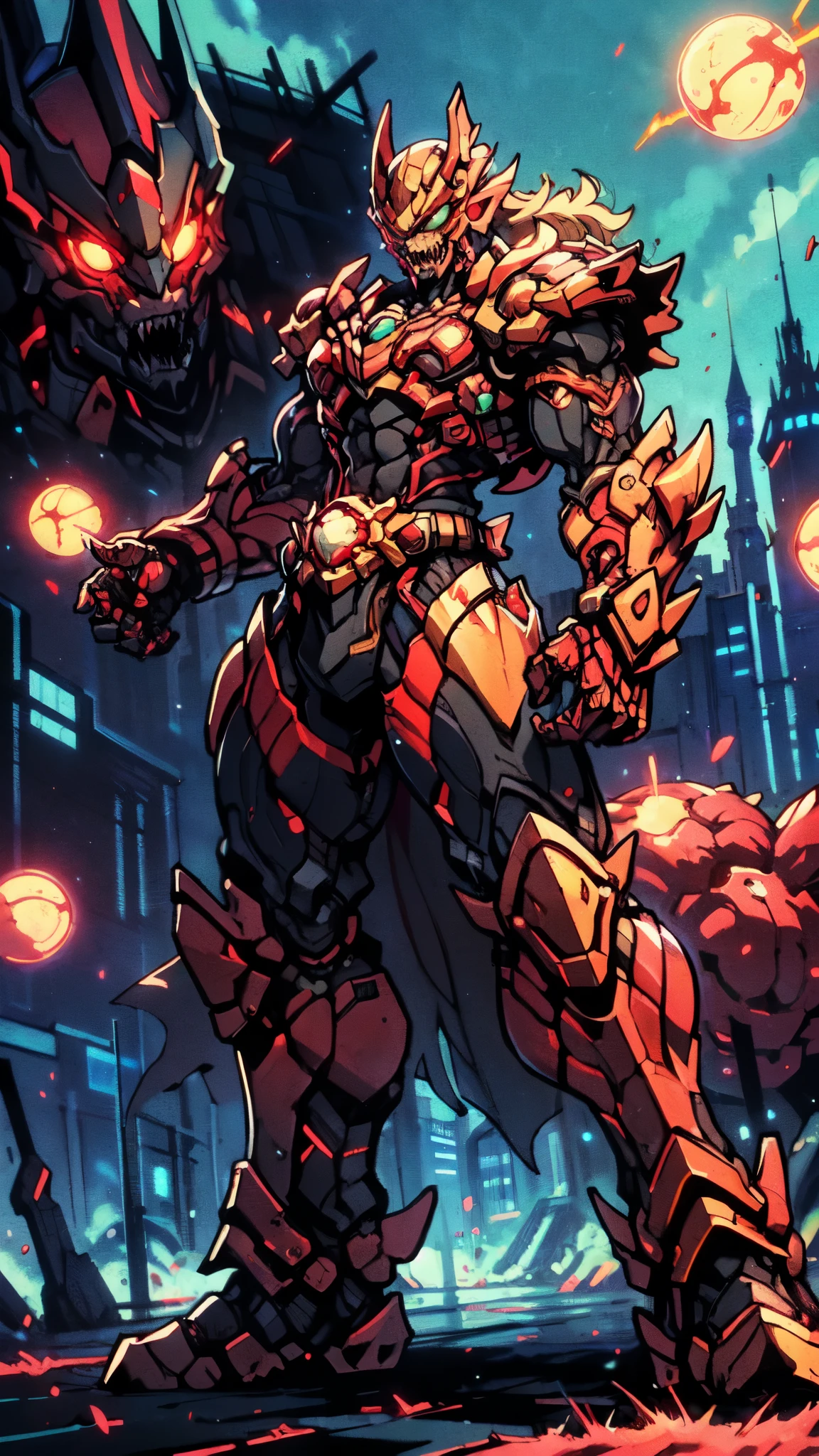 (masterpiece:1.5, best quality:1.5, extremely delicate:1.5, perspective:1.5, foreshortening:1.5, dynamic angle:1.5), a man wearing a full-face helmet, a fantasy-style biotech armored combat suit, green eyes, (a composite layered chest armor), fully enclosed shoulder guards, matching arm and leg guards, the belt is adorned with fangs biting into orbs, (the color scheme is primarily black with red accents), the design balances heavy with agility, a high-tech bio-mecha armor, (Armor Concept Inspired by Bat, stand on the top of a skyscraper in a futuristic sci-fi city), this character embodies a finely crafted fantasy-surreal style armored hero in anime style, exquisite and mature manga art style, (element, plasma, energy, the armor glows), ((male:1.5)), metallic, high definition, highres, ultra-detailed, ultra-fine painting, professional, perfect body proportions, golden ratio, anatomically correct, symmetrical face, extremely detailed eyes and face, high quality eyes, creativity, RAW photo, UHD, 32k, Natural light, cinematic lighting, masterpiece-anatomy-perfect
