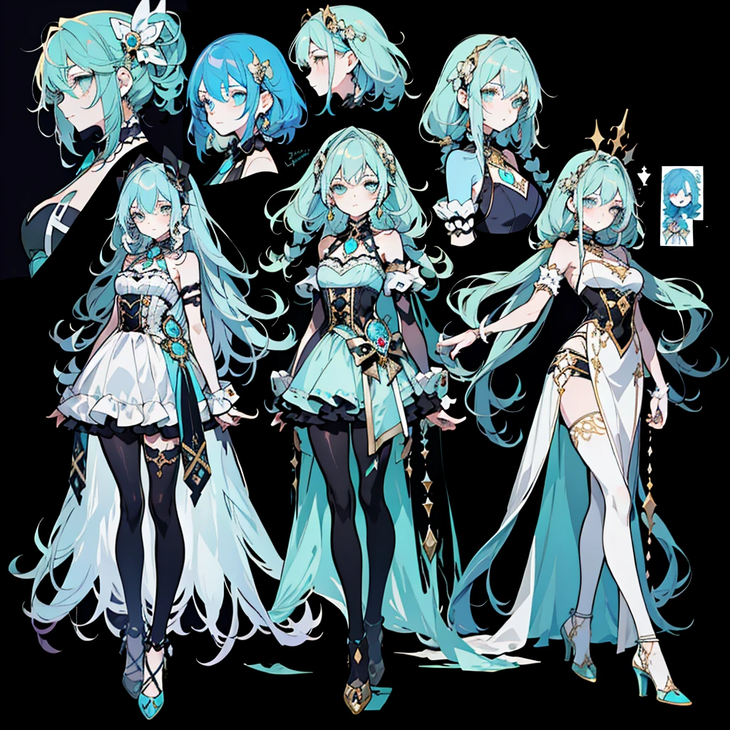 Full body Esbian，****ta prostitute，so gorgeouaximalism，extreme details，Rococo style，super long hair，intricate accessories，Complex hairstyles，gem,blue hair,, girl,((Shoulders and arms are exposed)),