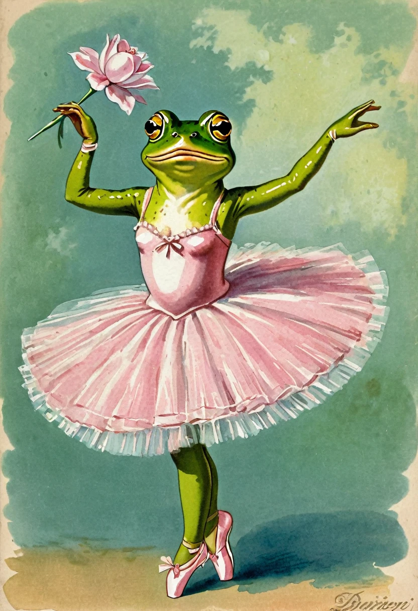 Old vintage card Acting painting, A frog dressed as a ballerina
