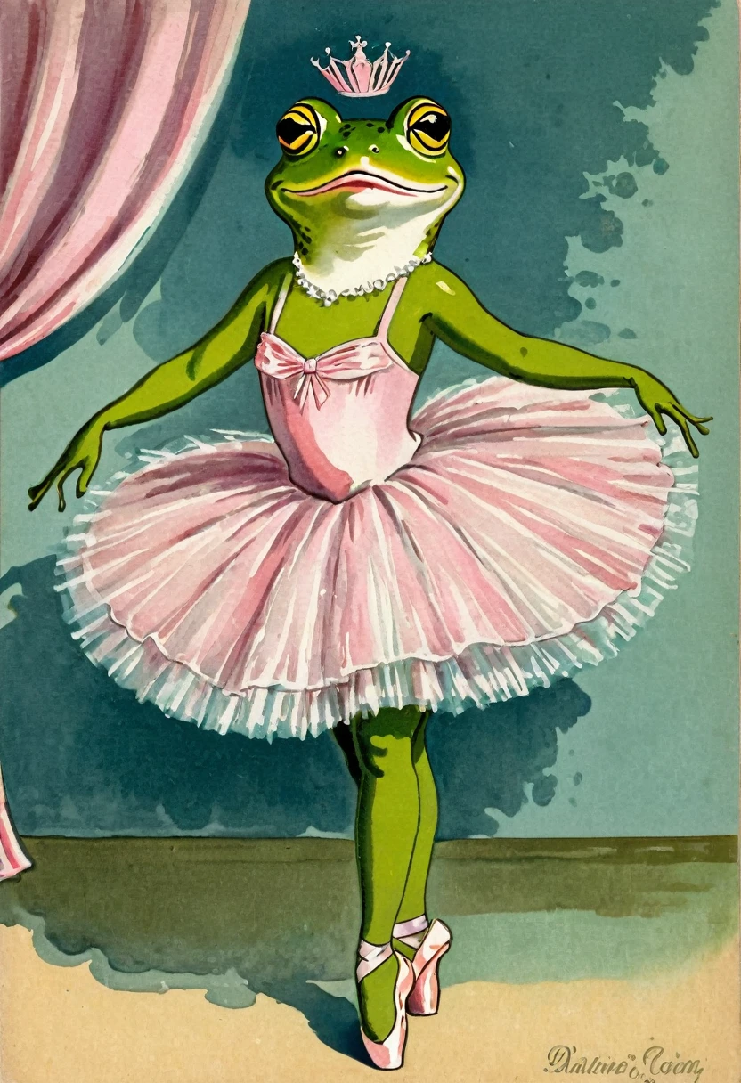 Old vintage card Acting painting, A frog dressed as a ballerina
