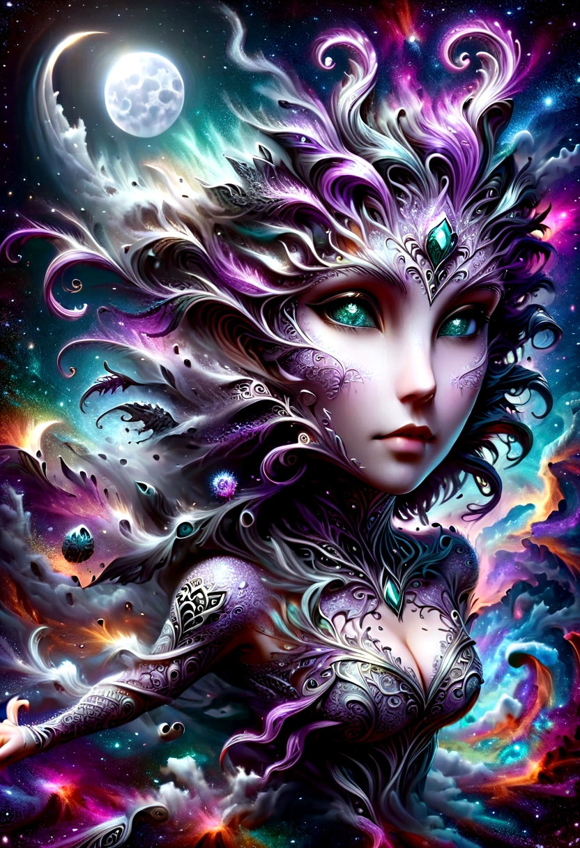 official art, unity 8k wallpaper, ultra detailed, beautiful and aesthetic, masterpiece, best quality, 1girl, elf girl, smile, beautiful face, sylvdark, (cleavage), (hood), dynamic pose, lying, background dark clouds, ((zentangle, mandala, tangle, entangle):1.2), (fractal art:1.3), professional lighting