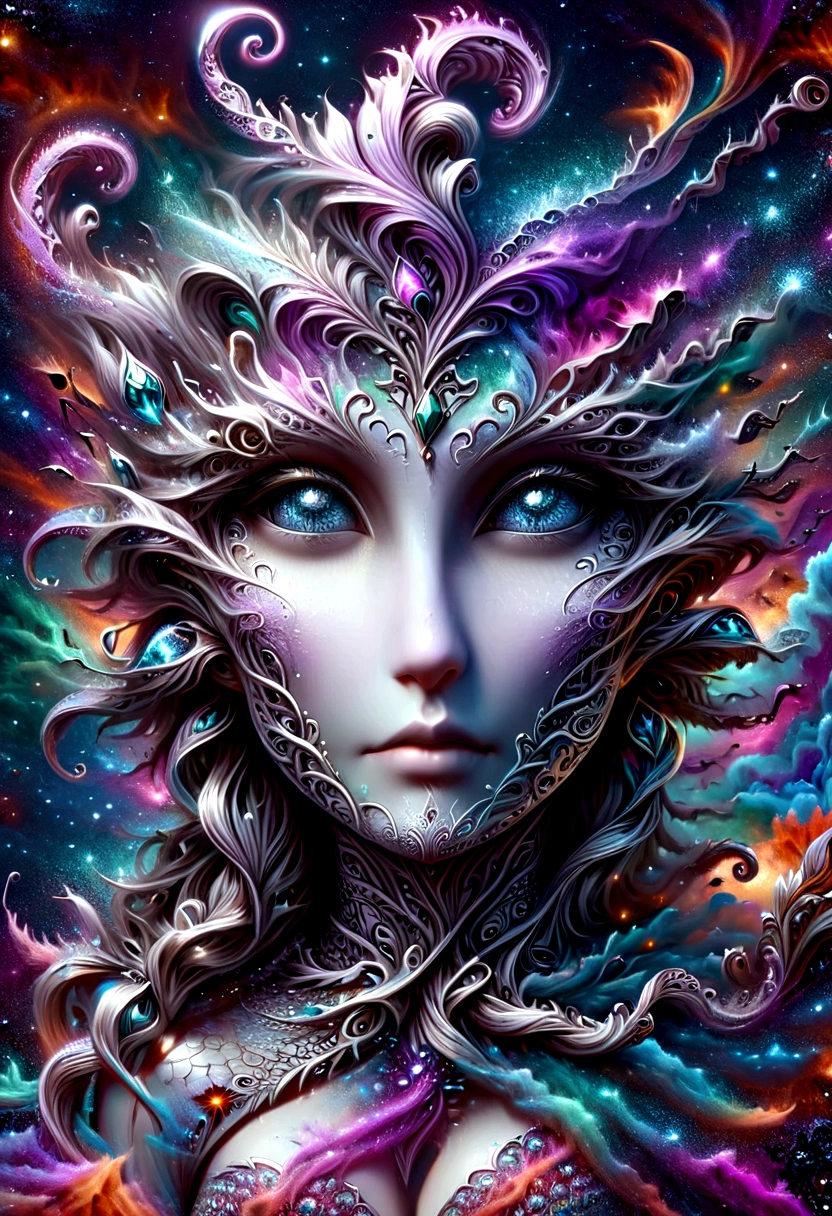 official art, unity 8k wallpaper, ultra detailed, beautiful and aesthetic, masterpiece, best quality, 1girl, elf girl, smile, beautiful face, sylvdark, (cleavage), (hood), dynamic pose, lying, background dark clouds, ((zentangle, mandala, tangle, entangle):1.2), (fractal art:1.3), professional lighting