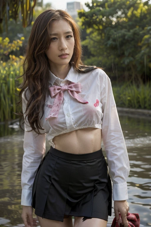 best quality, high resolution, absurd, Extremely detailed, Bell House_(captain), 1 Girl, long_hair, skirt, Solitary, shirt, rain, wet_clothing, hair_Decorations, wet, breast, Sexy bulge,pink nipples, Wrinkles_skirt, transparent, bowtie, Red_bow